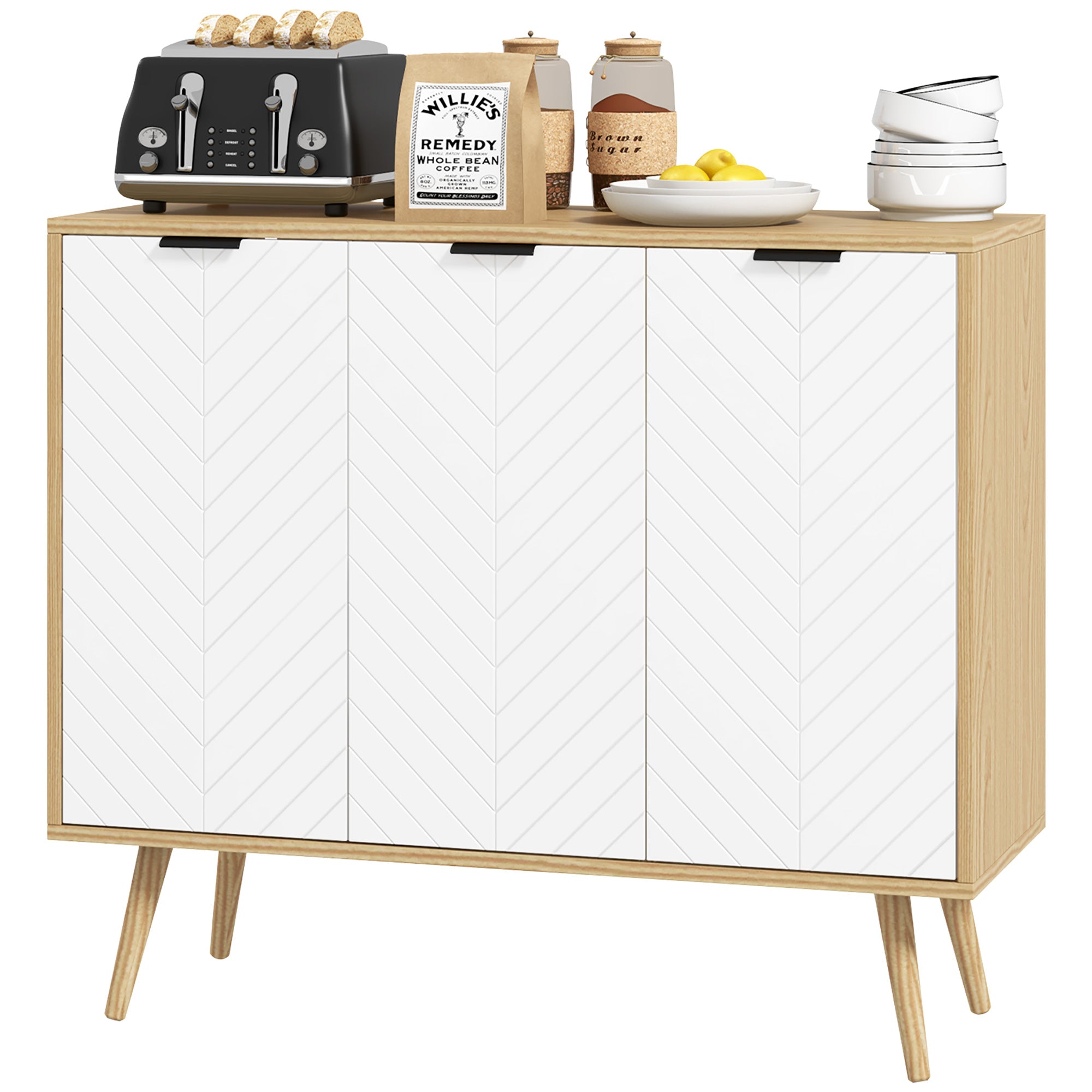HOMCOM Kitchen Sideboard, Modern Storage Cabinet, Accent Cupboard with Adjustable Shelves, Natural