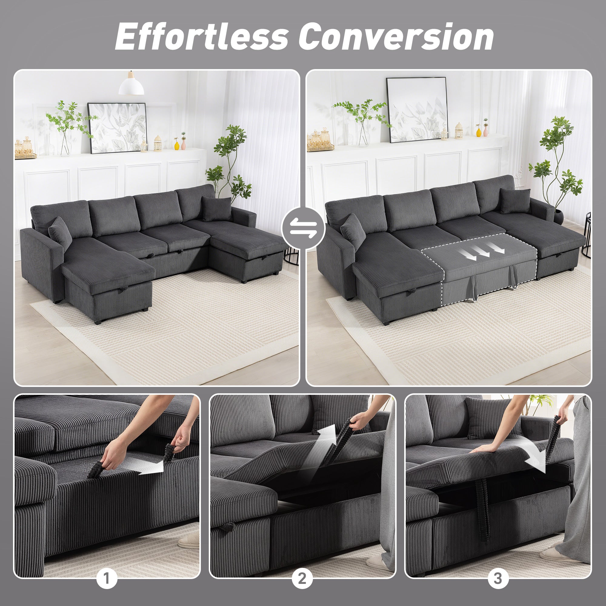 Sofa Bed, Oversized U-Shaped Sleeper Sofa Couch with Pull Out Bed, 2 Storage Chaises, Corduroy Upholstery, Spring, Pillows, 111" Futon Couch for Living Room, Charcoal Grey