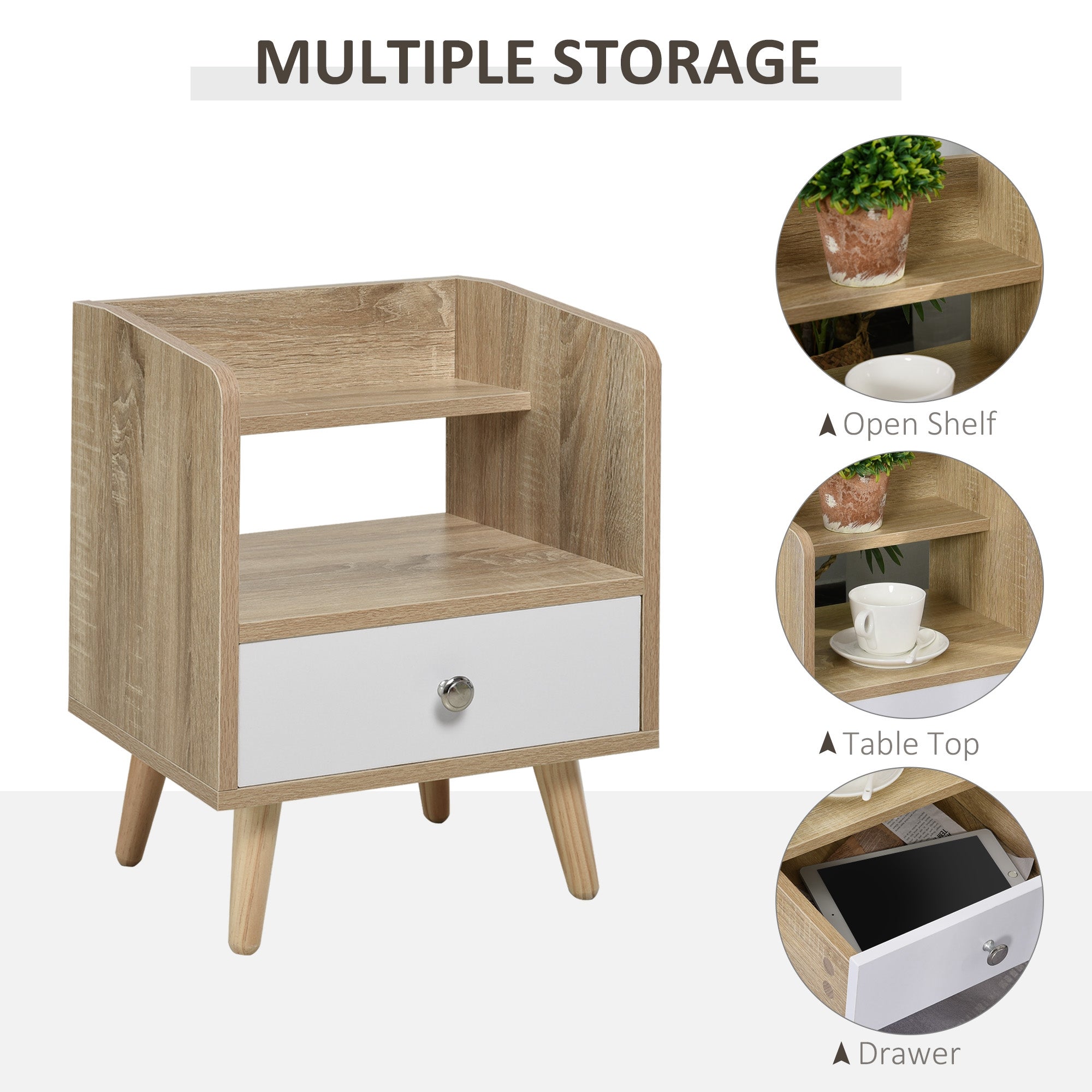 HOMCOM Nightstand, Bedside Table with 2-tier Shelf and Drawer, Side End Table with Storage for Bedroom, Natural