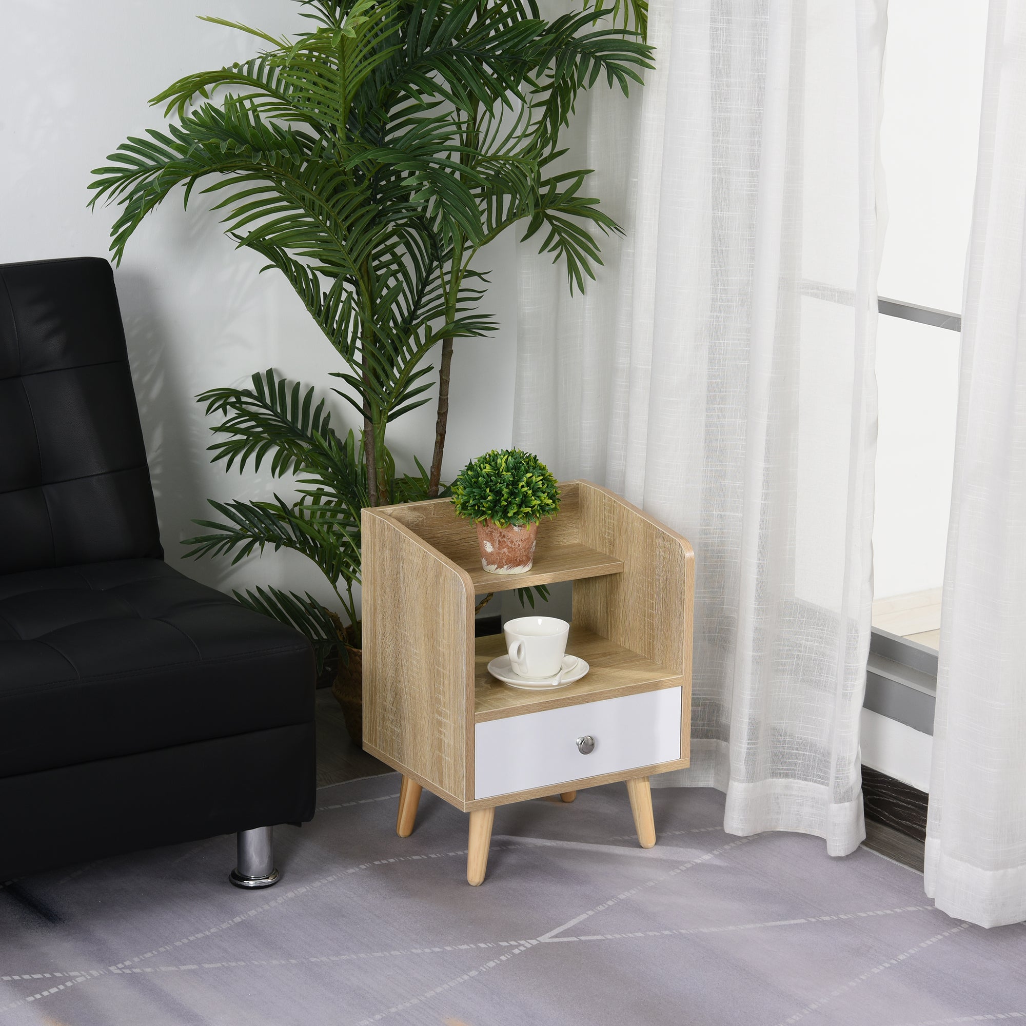 HOMCOM Nightstand, Bedside Table with 2-tier Shelf and Drawer, Side End Table with Storage for Bedroom, Natural