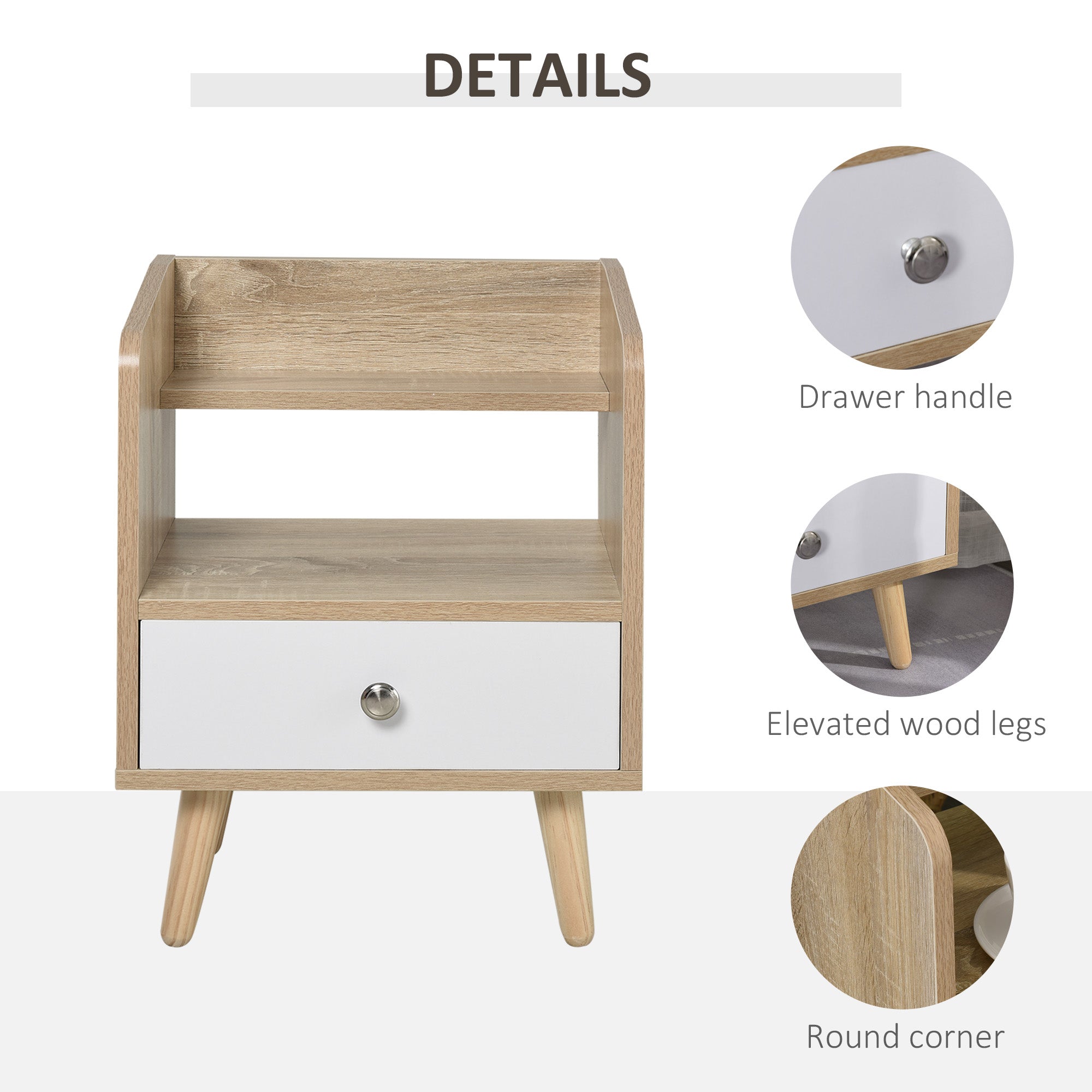 HOMCOM Nightstand, Bedside Table with 2-tier Shelf and Drawer, Side End Table with Storage for Bedroom, Natural