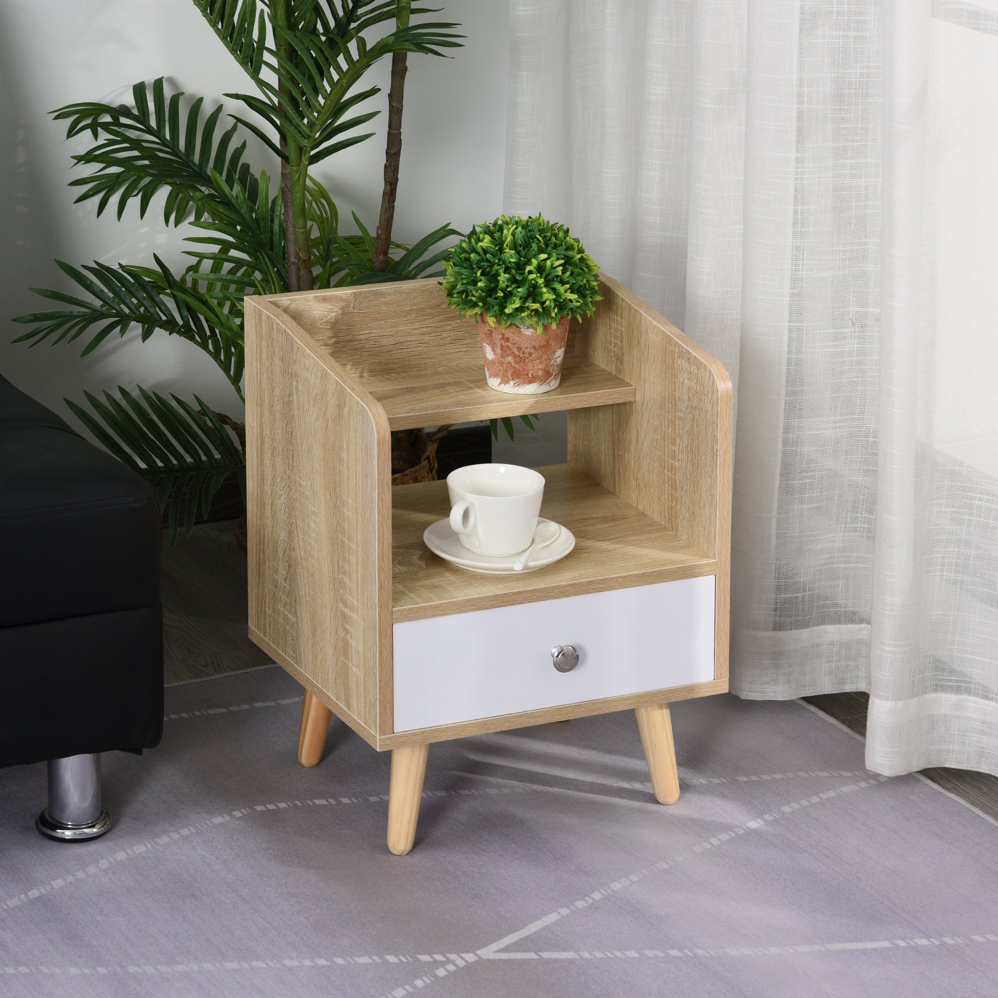 HOMCOM Nightstand, Bedside Table with 2-tier Shelf and Drawer, Side End Table with Storage for Bedroom, Natural