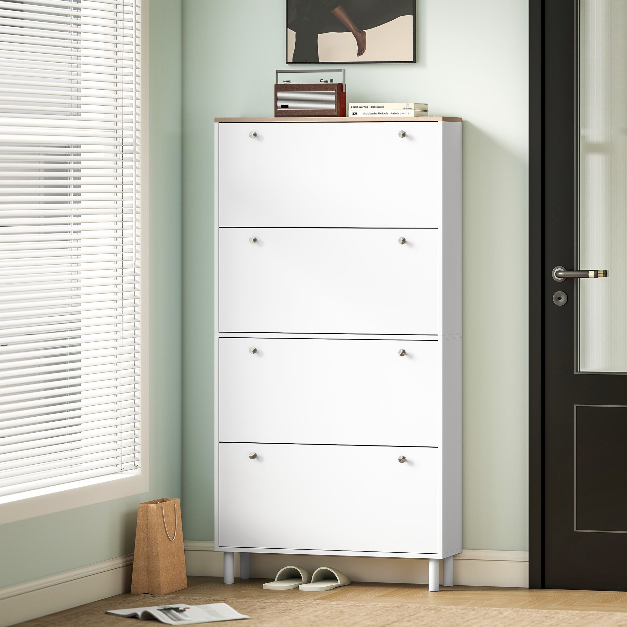 Narrow Shoe Cabinet with 4 Flip Drawers, Slim Shoe Storage Cabinet with Adjustable Shelves for Entryway Hallway, Holds 24–32 Pairs, White