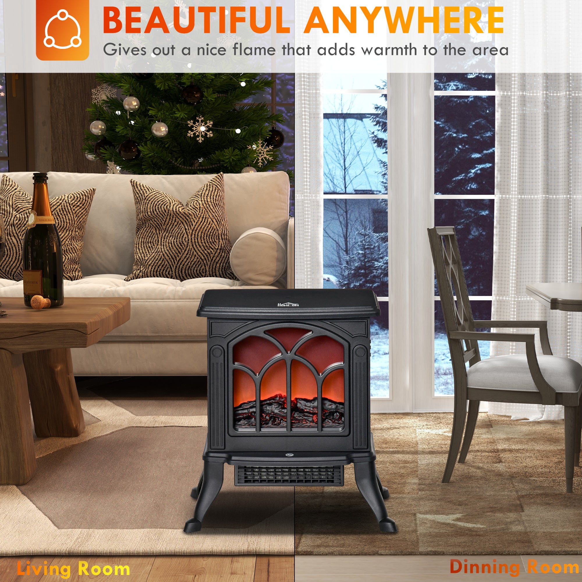 Electric Fireplace Heater with Realistic Logs and Flame Effect, 750W/1500W, Black