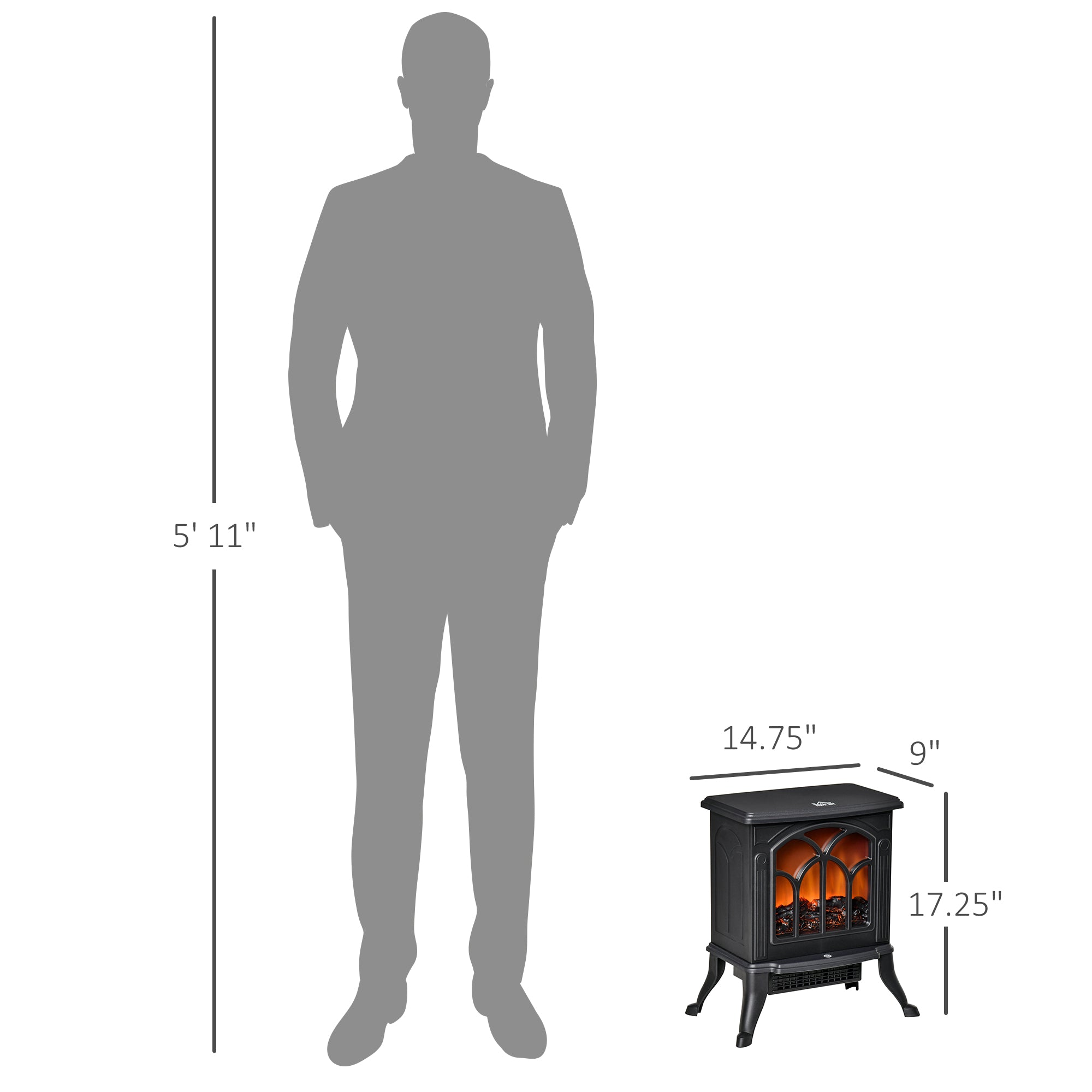 Electric Fireplace Heater with Realistic Logs and Flame Effect, 750W/1500W, Black