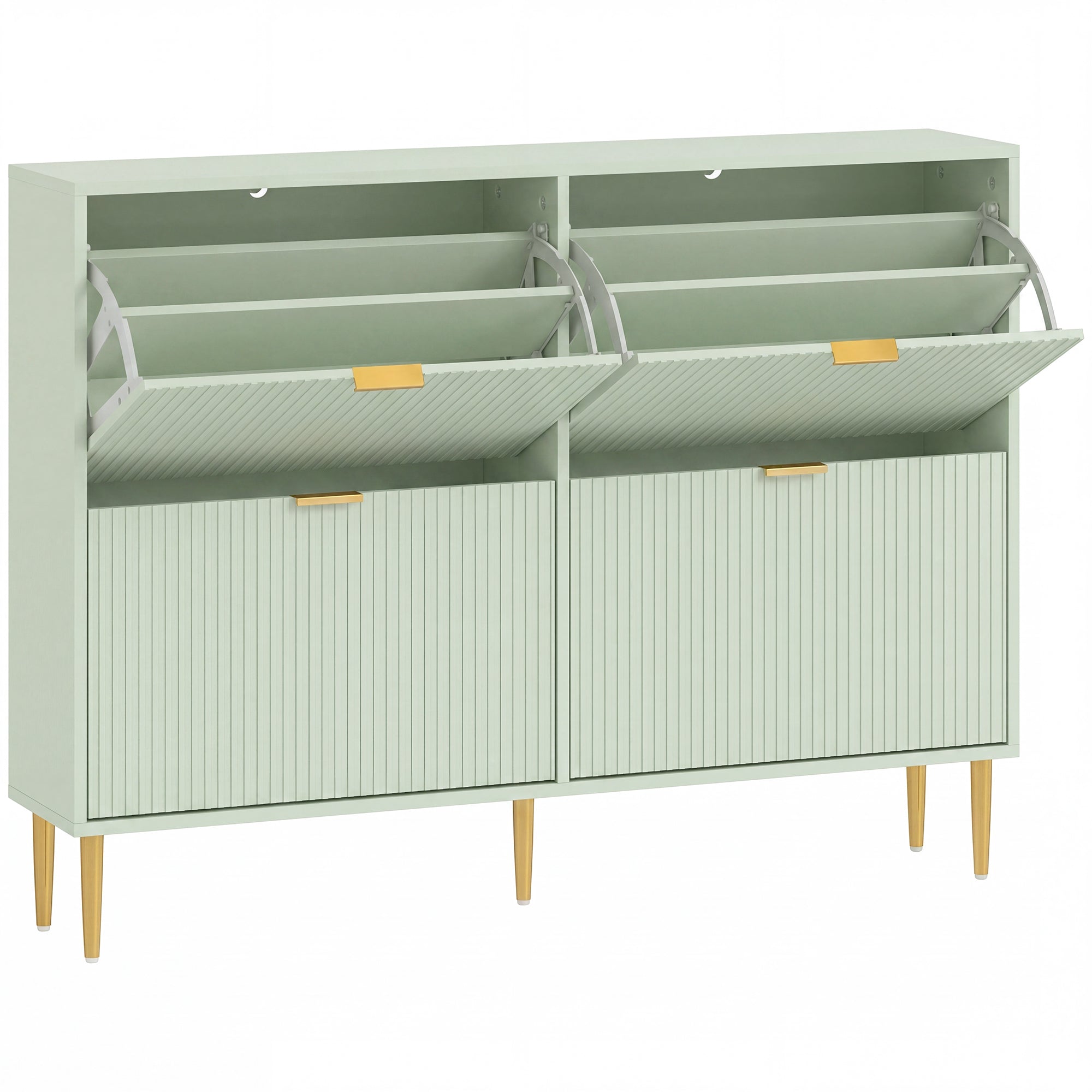 Narrow Shoe Cabinet with 4 Flip Drawers, Modern Slim Shoe Storage Cabinet with Fluted Doors and Adjustable Shelves for Hallway, Holds 10-20 Pairs, Light Green