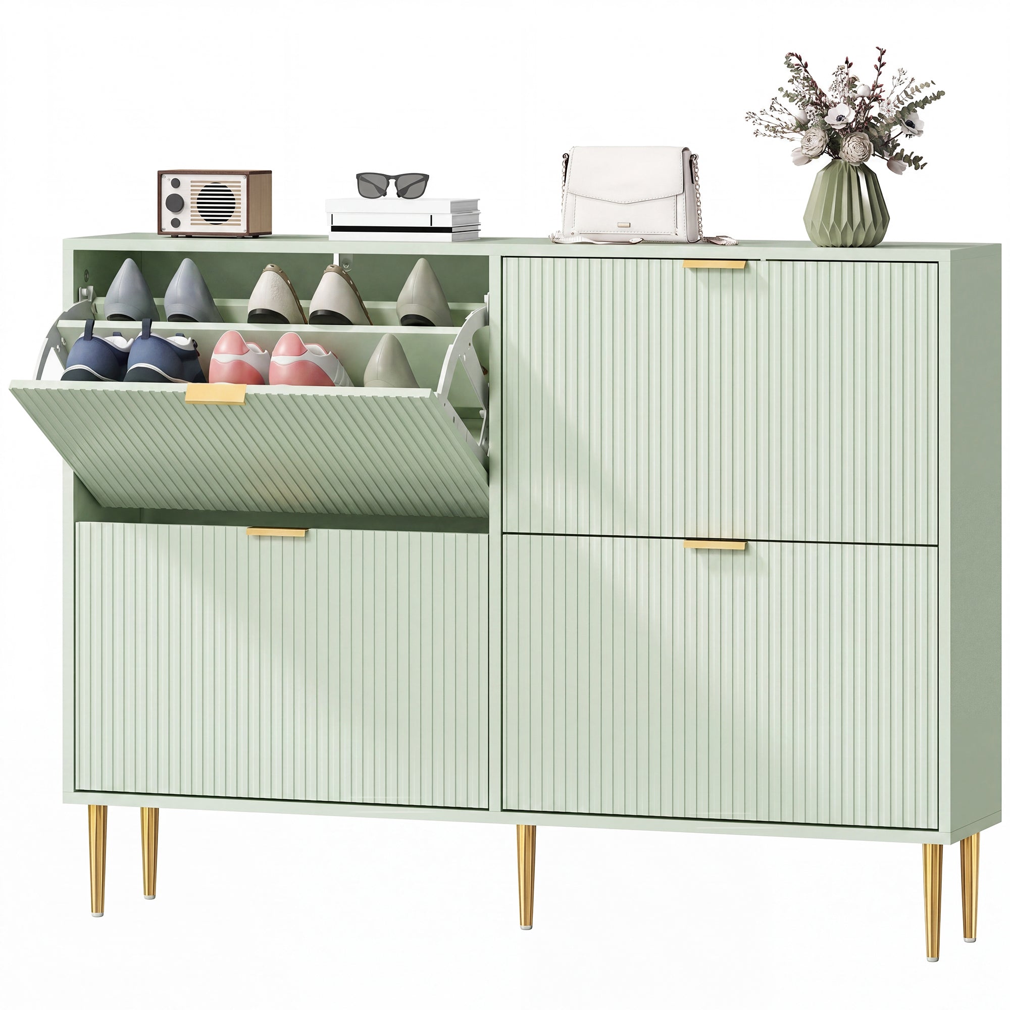 Narrow Shoe Cabinet with 4 Flip Drawers, Modern Slim Shoe Storage Cabinet with Fluted Doors and Adjustable Shelves for Hallway, Holds 10-20 Pairs, Light Green