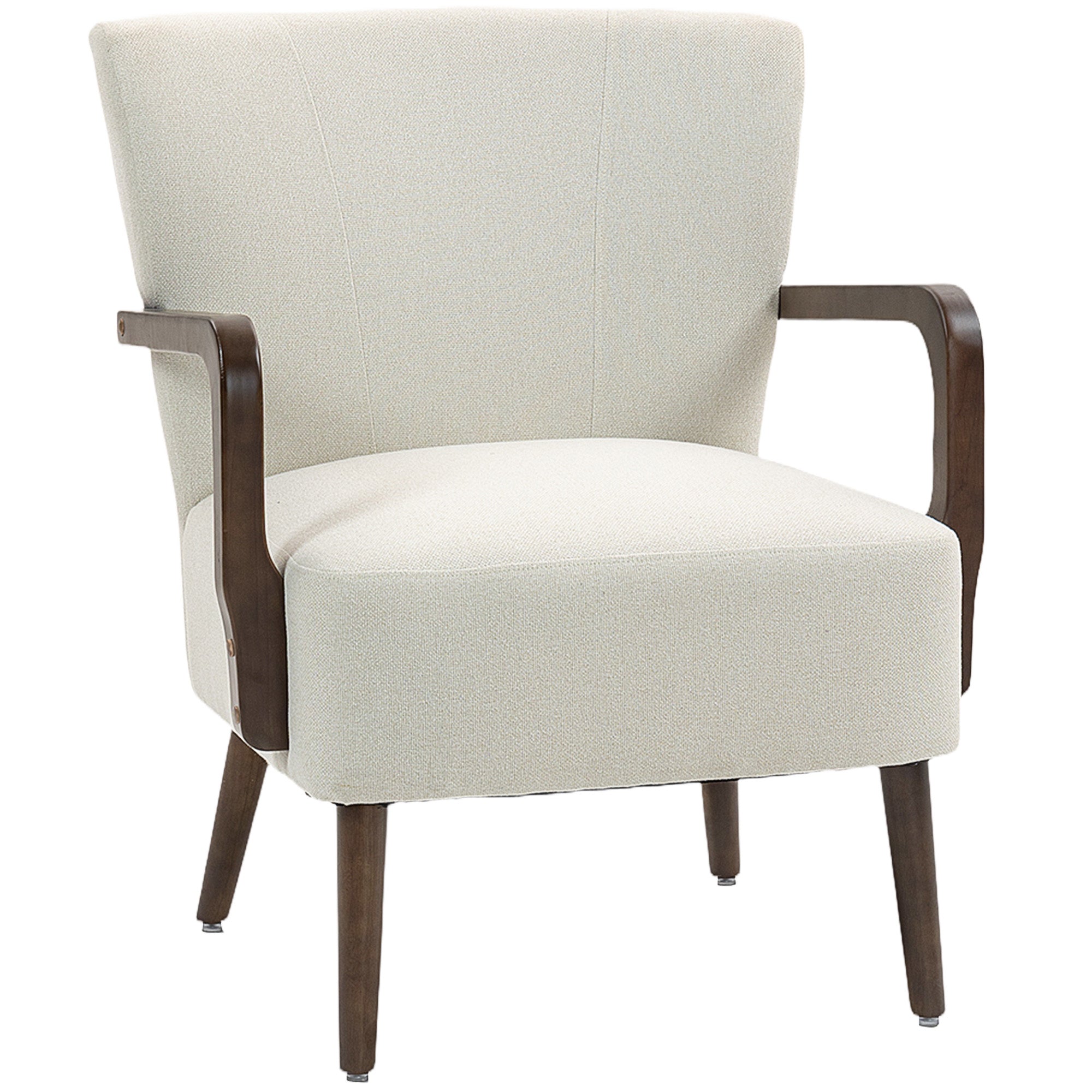 Accent Chair with Wooden Legs, Upholstered Linen Fabric Armchair with Wide Back and Thick Padding, Modern Comfy Chair for Living Room, Bedroom, Cream White