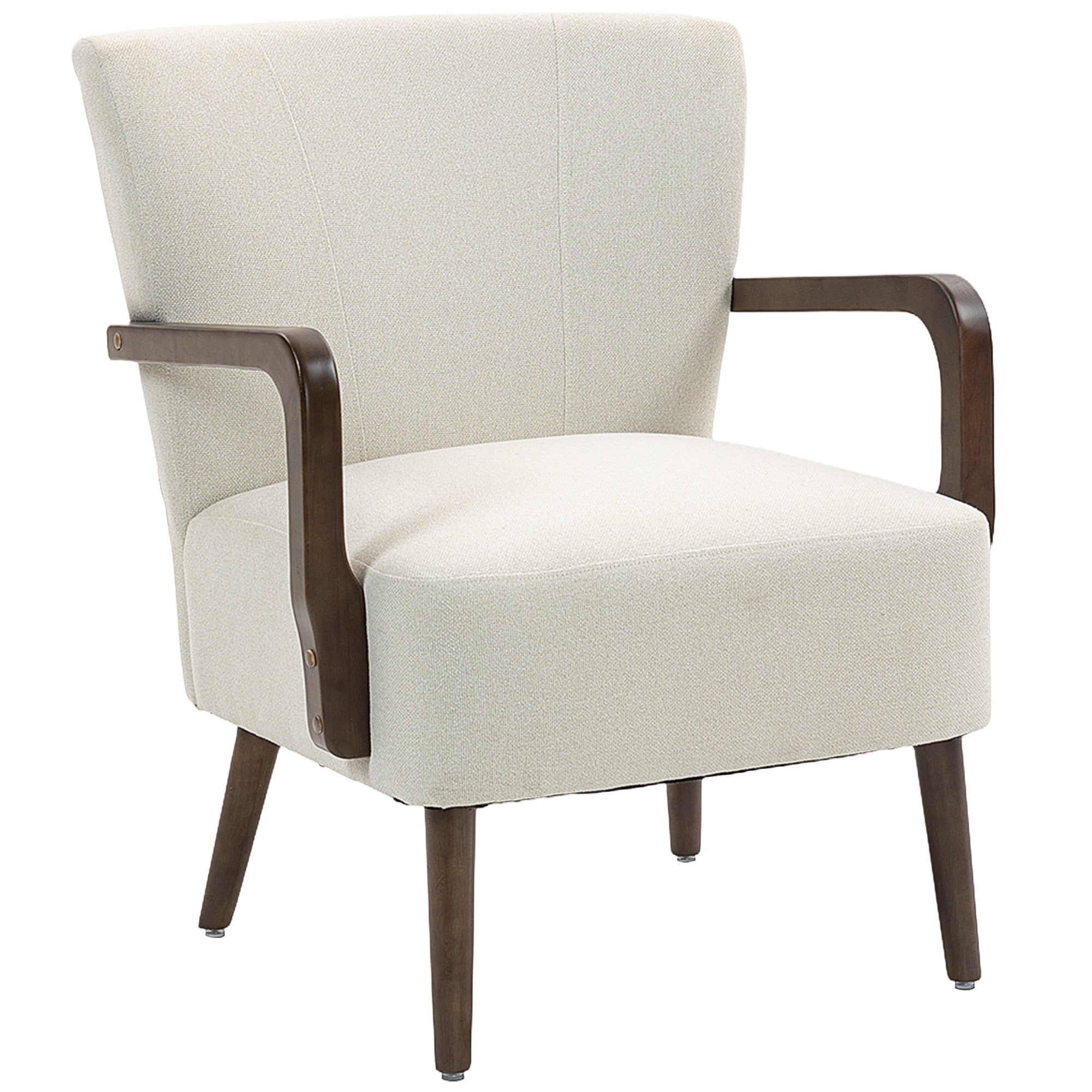 Accent Chair with Wooden Legs, Upholstered Linen Fabric Armchair with Wide Back and Thick Padding, Modern Comfy Chair for Living Room, Bedroom, Cream White