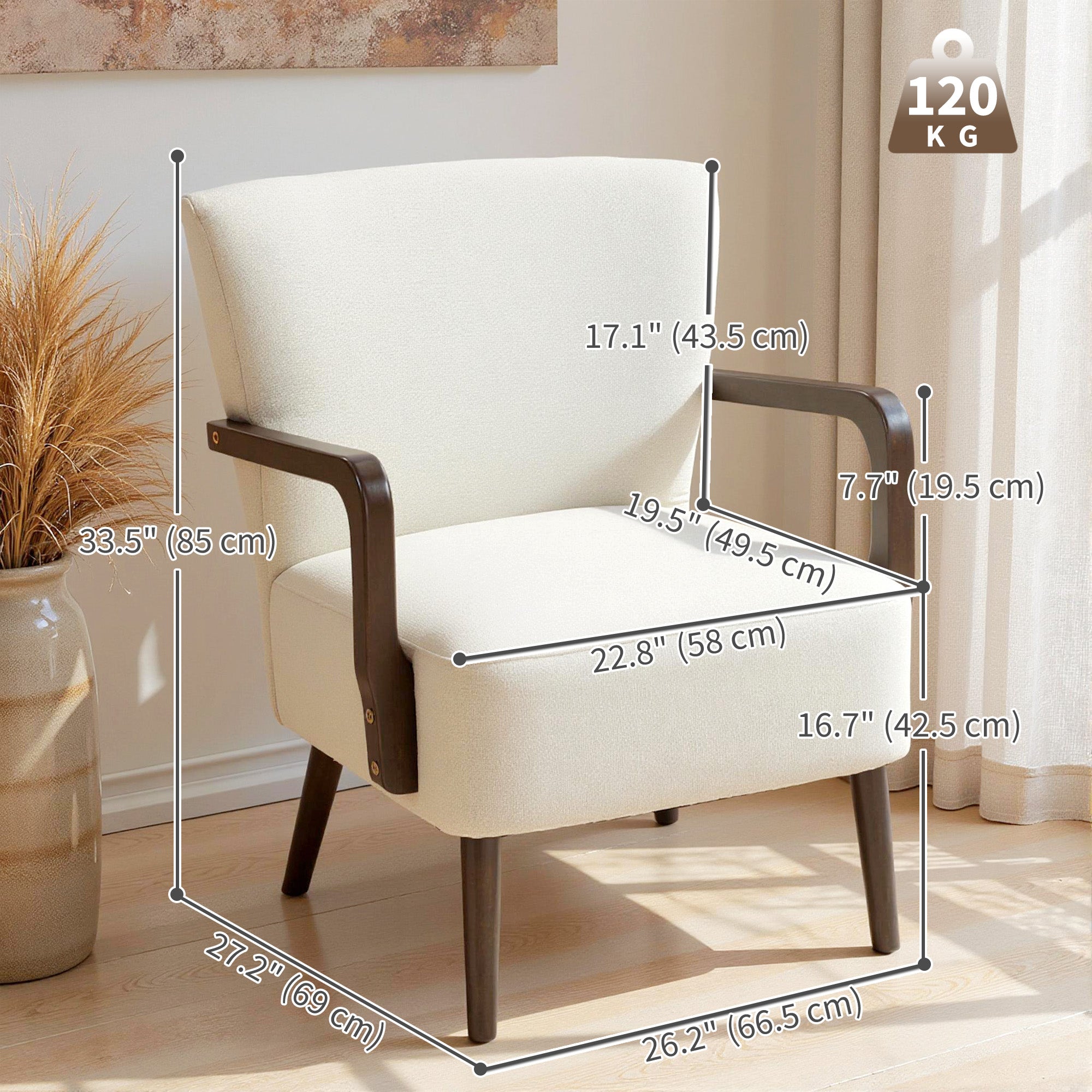 Accent Chair with Wooden Legs, Upholstered Linen Fabric Armchair with Wide Back and Thick Padding, Modern Comfy Chair for Living Room, Bedroom, Cream White