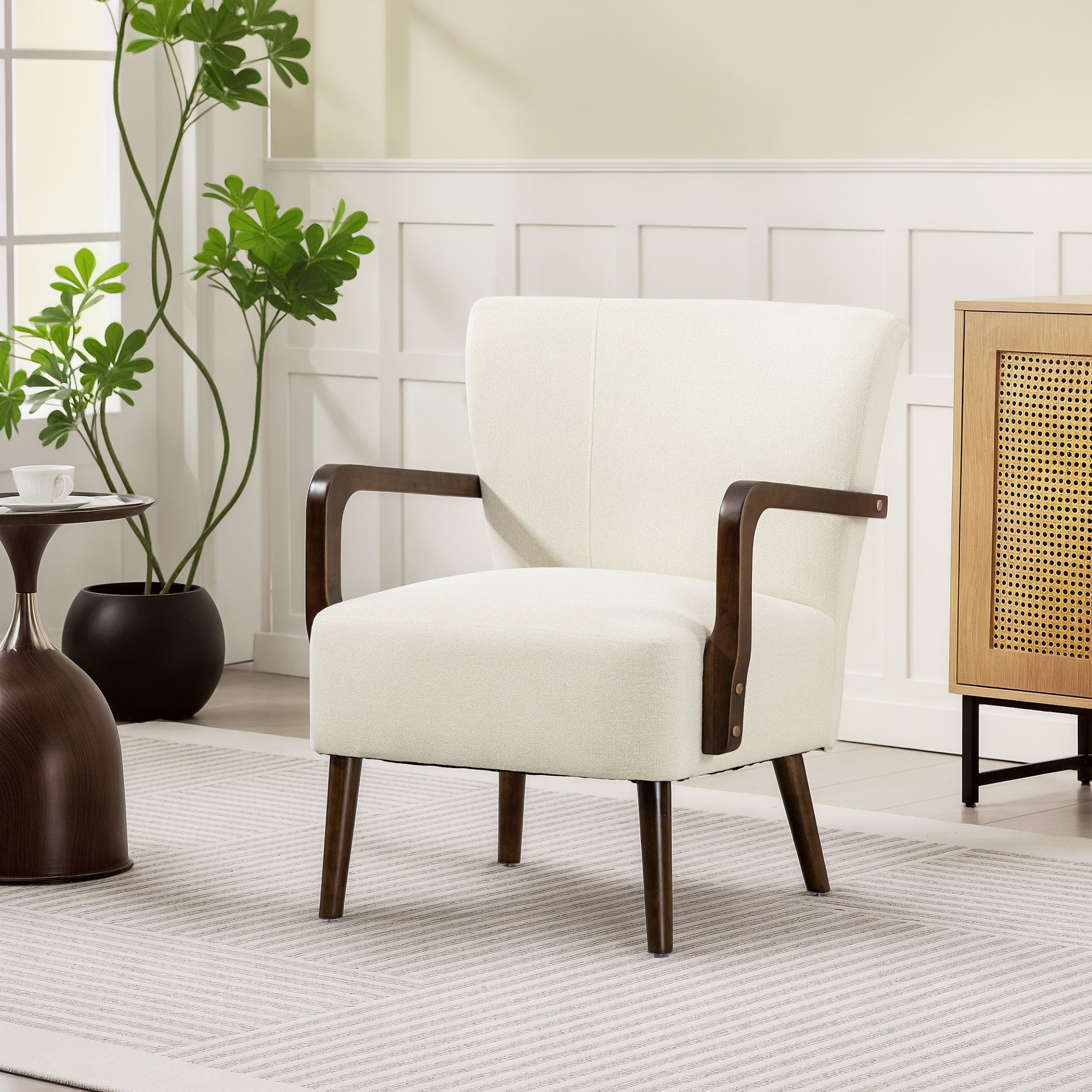 Accent Chair with Wooden Legs, Upholstered Linen Fabric Armchair with Wide Back and Thick Padding, Modern Comfy Chair for Living Room, Bedroom, Cream White
