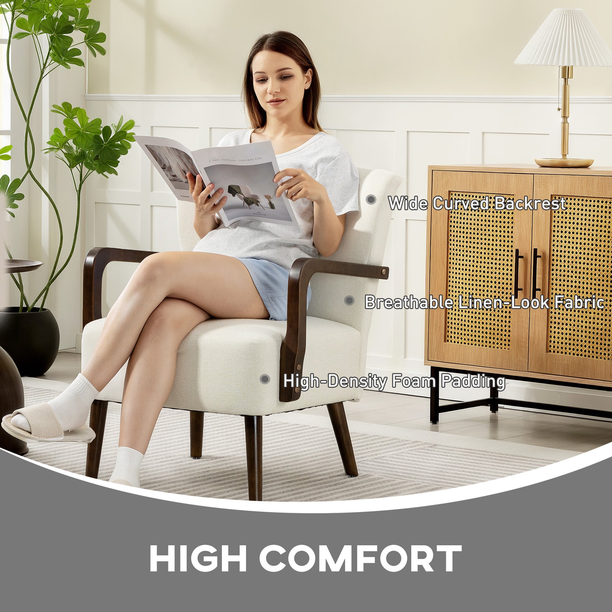 Accent Chair with Wooden Legs, Upholstered Linen Fabric Armchair with Wide Back and Thick Padding, Modern Comfy Chair for Living Room, Bedroom, Cream White