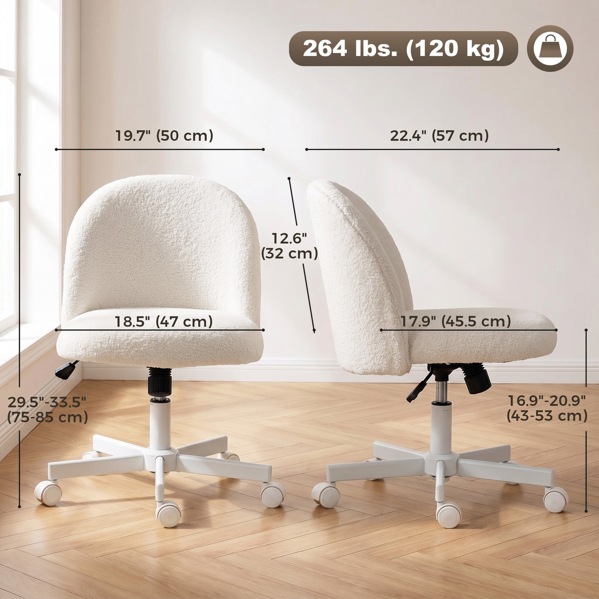 Office Chair, Sherpa Fleece Computer Task Desk Chair, Armless Makeup Vanity Seat with 360° Swivel, Tilt, Adjustable Height, Wheels for Home Office, Study, Cream White