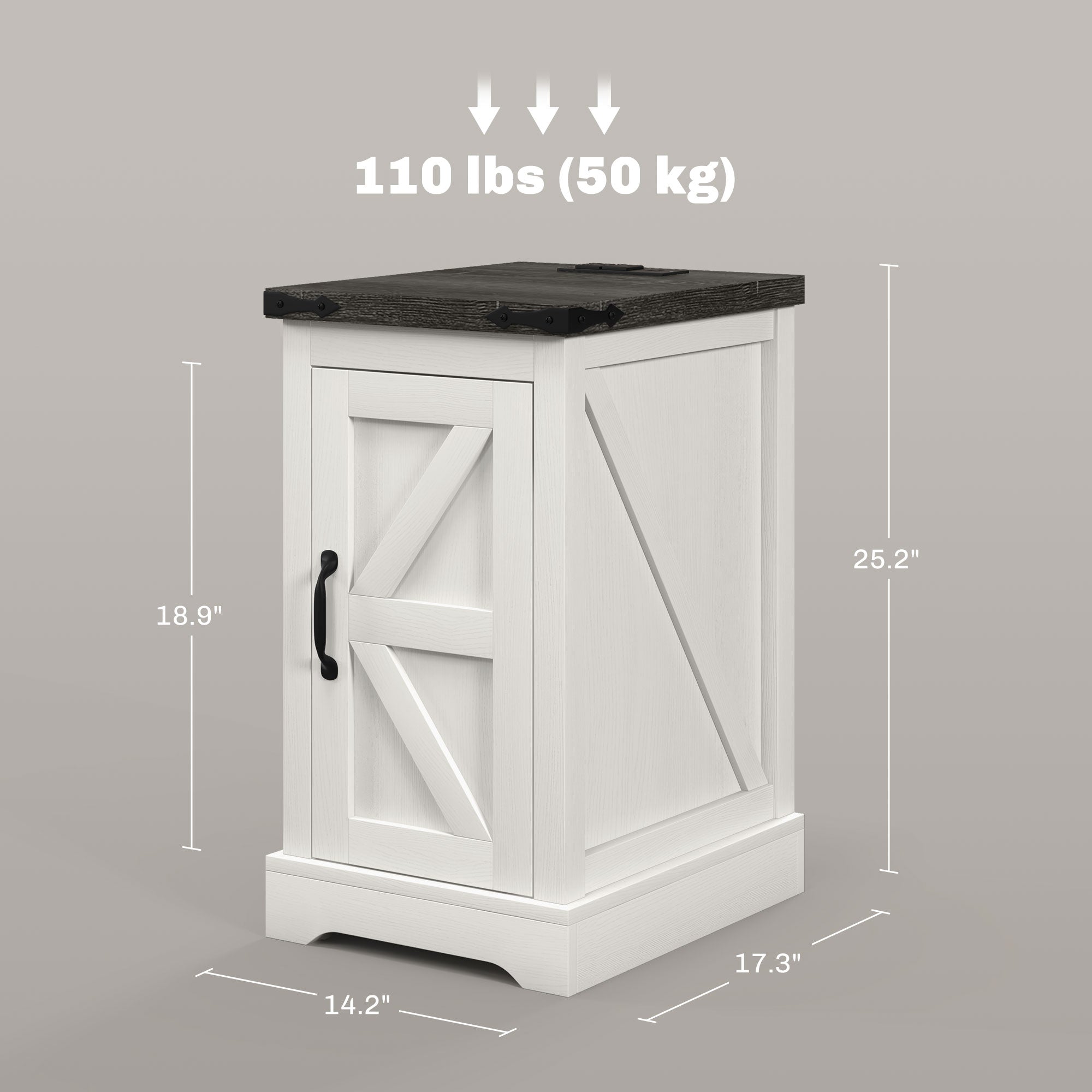 Farmhouse Storage End Table, Side Table w/ Charging Station & USB Ports, White