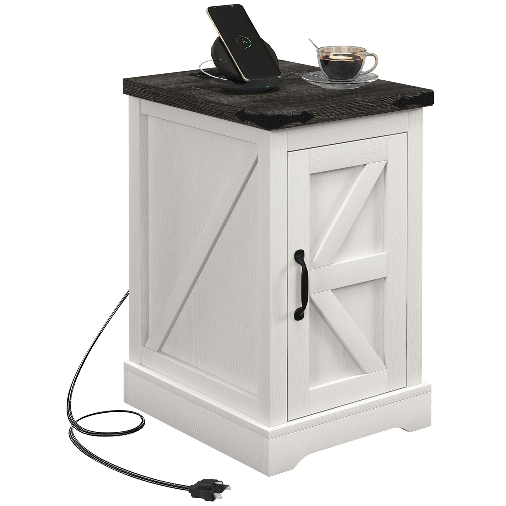 Farmhouse Storage End Table, Side Table w/ Charging Station & USB Ports, White