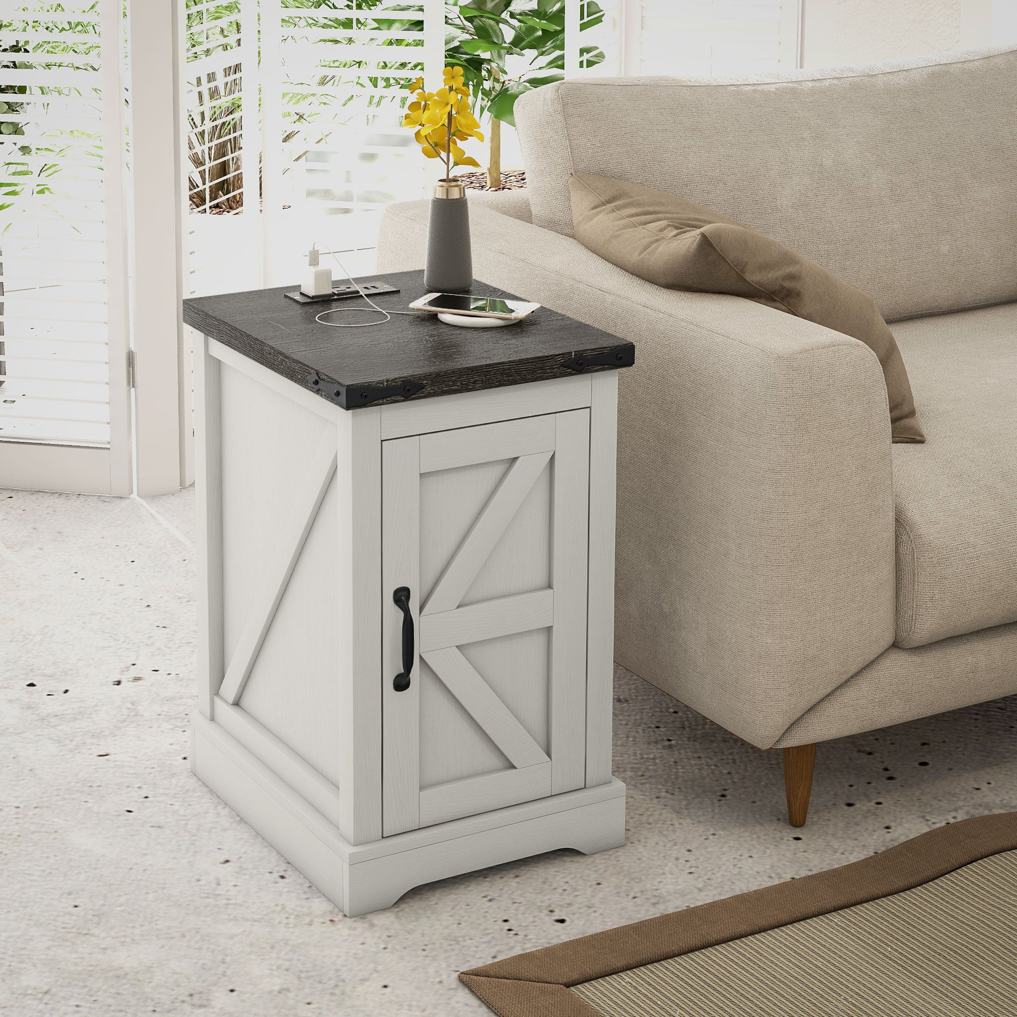 Farmhouse Storage End Table, Side Table w/ Charging Station & USB Ports, White