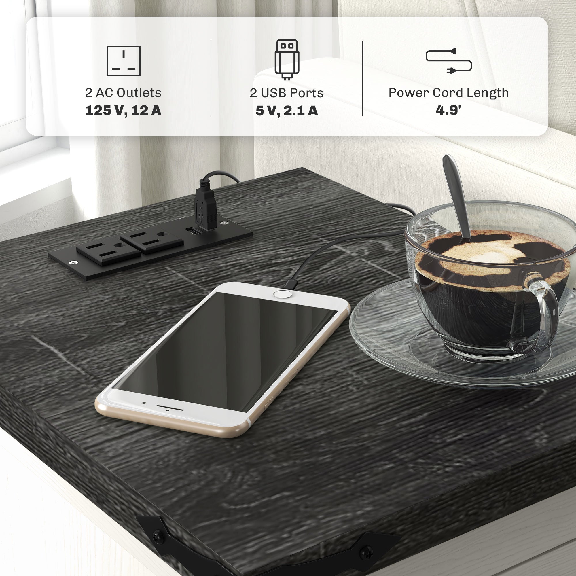 Farmhouse Storage End Table, Side Table w/ Charging Station & USB Ports, White