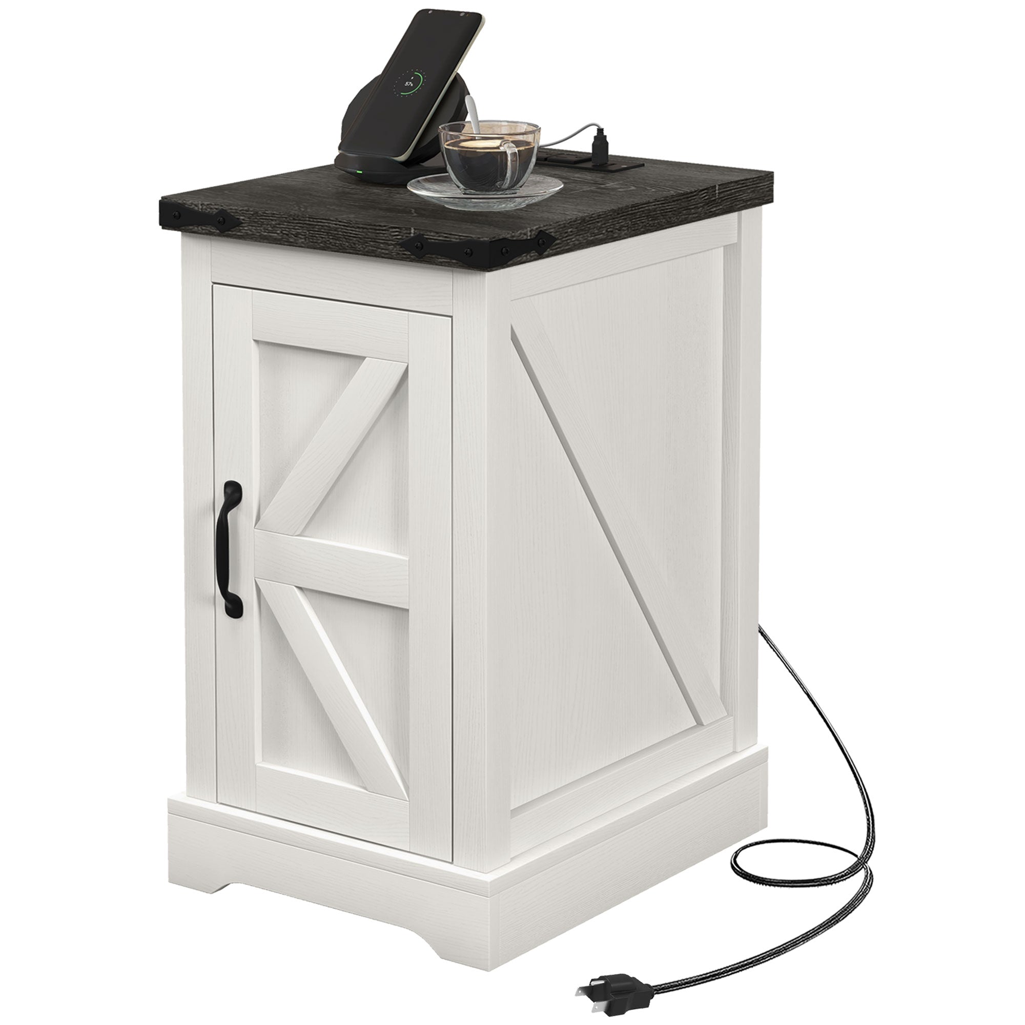 Farmhouse Storage End Table, Side Table w/ Charging Station & USB Ports, White