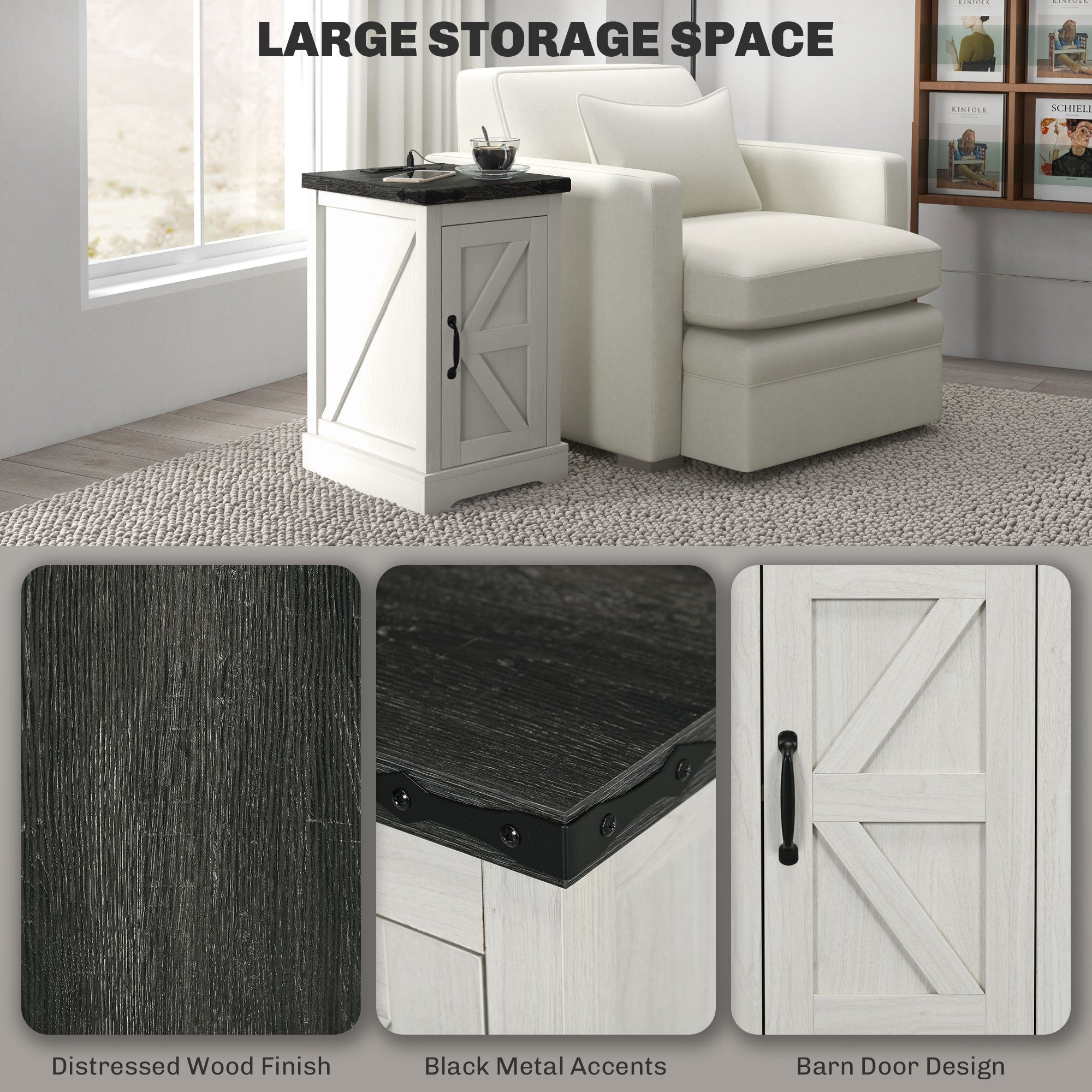 Farmhouse Storage End Table, Side Table w/ Charging Station & USB Ports, White