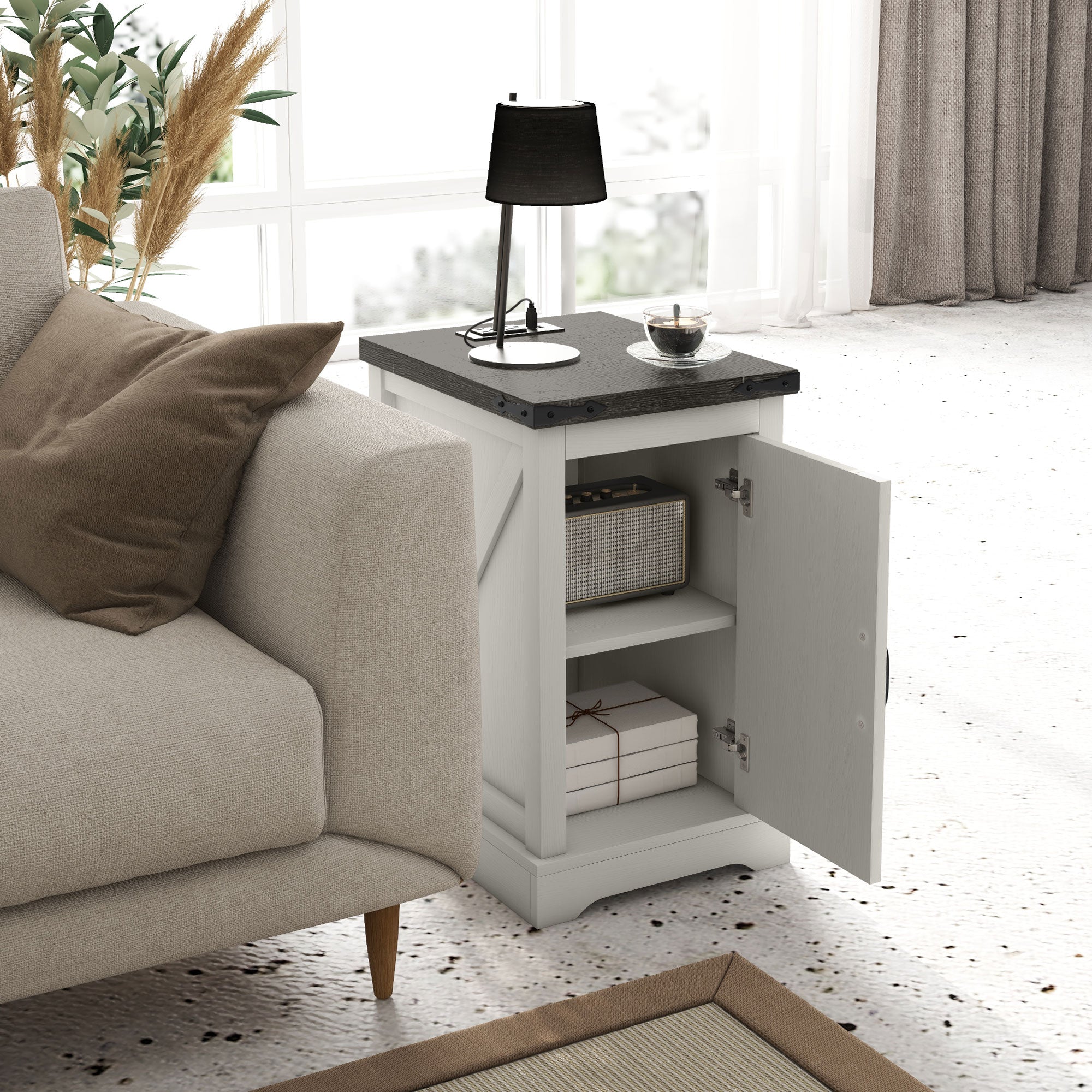 Farmhouse Storage End Table, Side Table w/ Charging Station & USB Ports, White