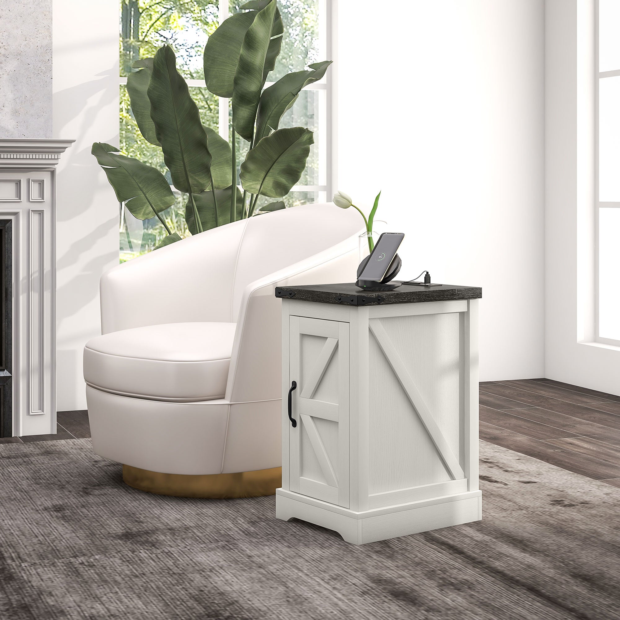 Farmhouse Storage End Table, Side Table w/ Charging Station & USB Ports, White
