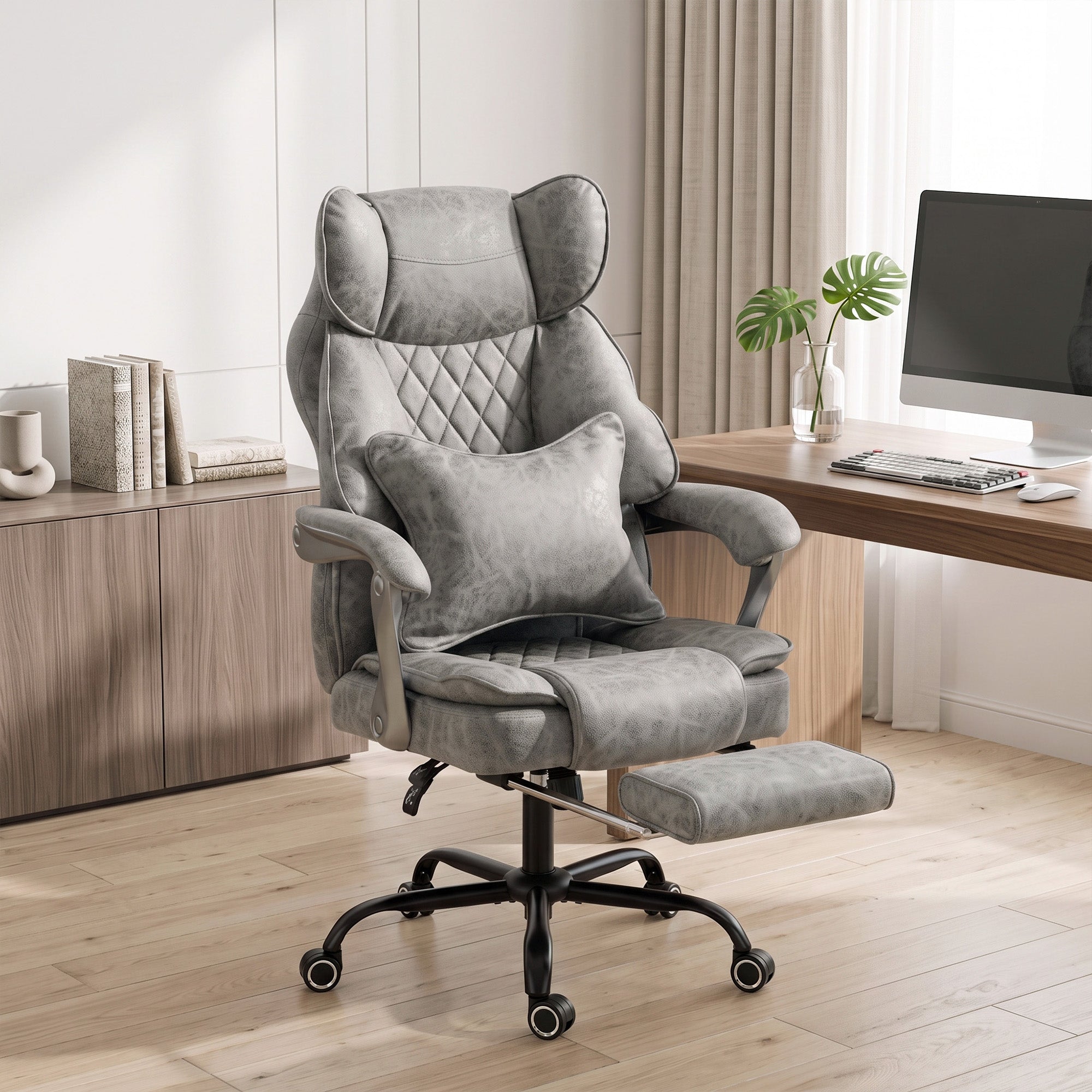 Executive Office Chair with Footrest, 180kg 400lb Big and Tall Leathaire Desk Chair with Wide Seat, Reclining Back, Lumbar Support, Built-in Headrest, Class 4 Gas Lift, Swivel Wheel, Grey
