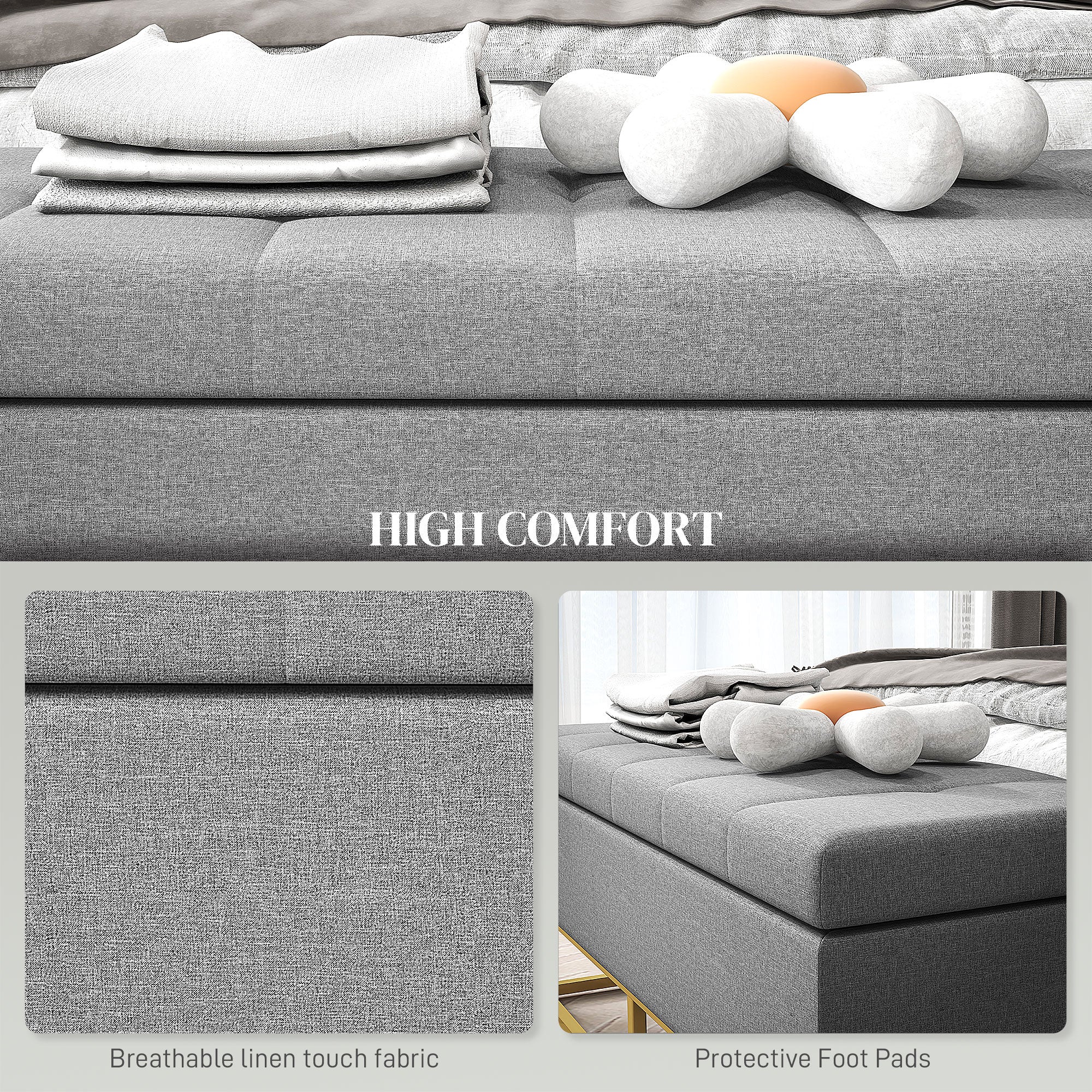 HOMCOM Storage Ottoman with Flip Top, Upholstered Storage Bench, Linen Fabric Footstool with Steel Legs for Living Room, Bedroom, Grey
