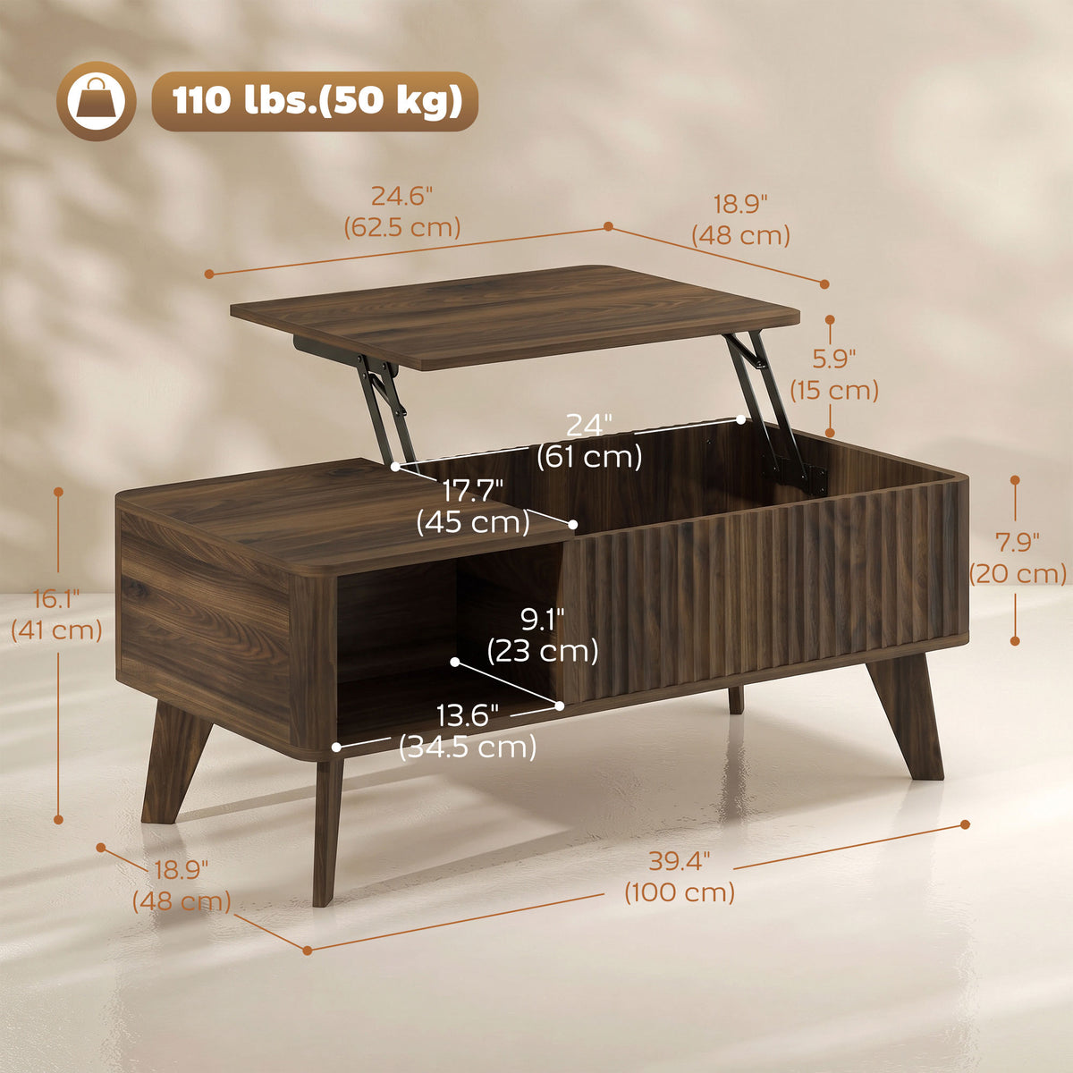 40" Fluted Lift Top Coffee Table with Storage, Mid-Century Modern Coffee Table with Hidden Compartment, Open Shelf and Rounded Corners for Living Room, Walnut