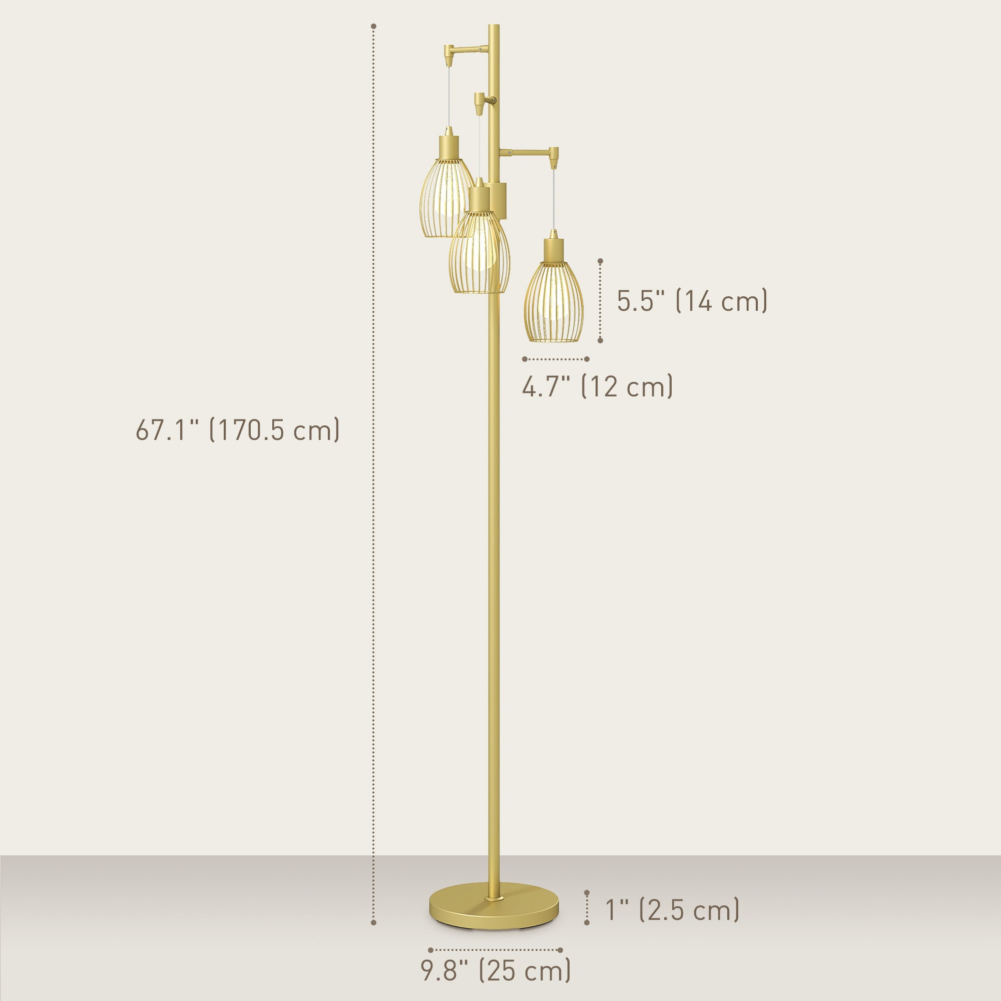 Industrial Floor Lamp with 3 Hanging Wire Lampshades, Dimmable Standing Lamp for Living Room, Bedroom, Dining Room, Study, Gold