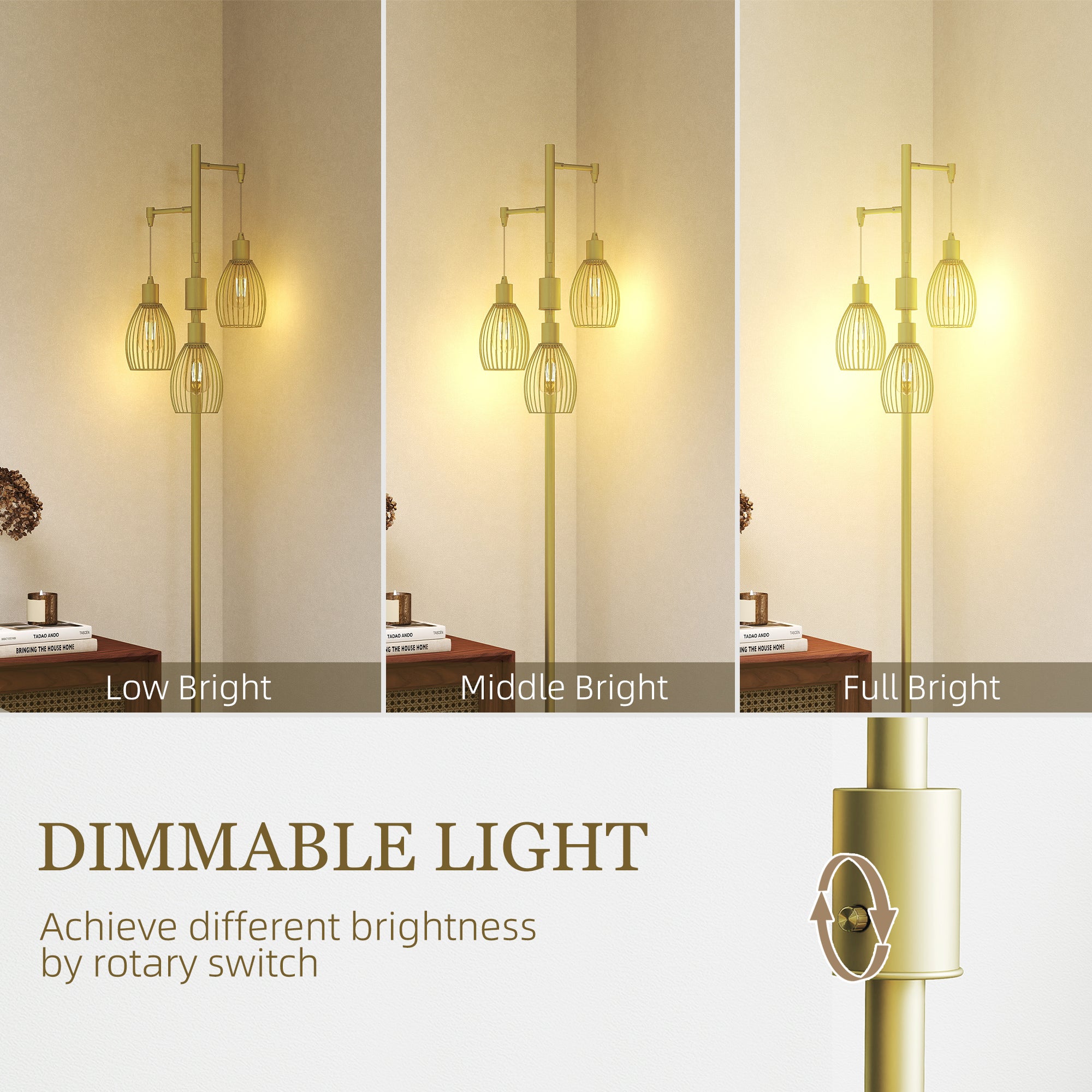 Industrial Floor Lamp with 3 Hanging Wire Lampshades, Dimmable Standing Lamp for Living Room, Bedroom, Dining Room, Study, Gold