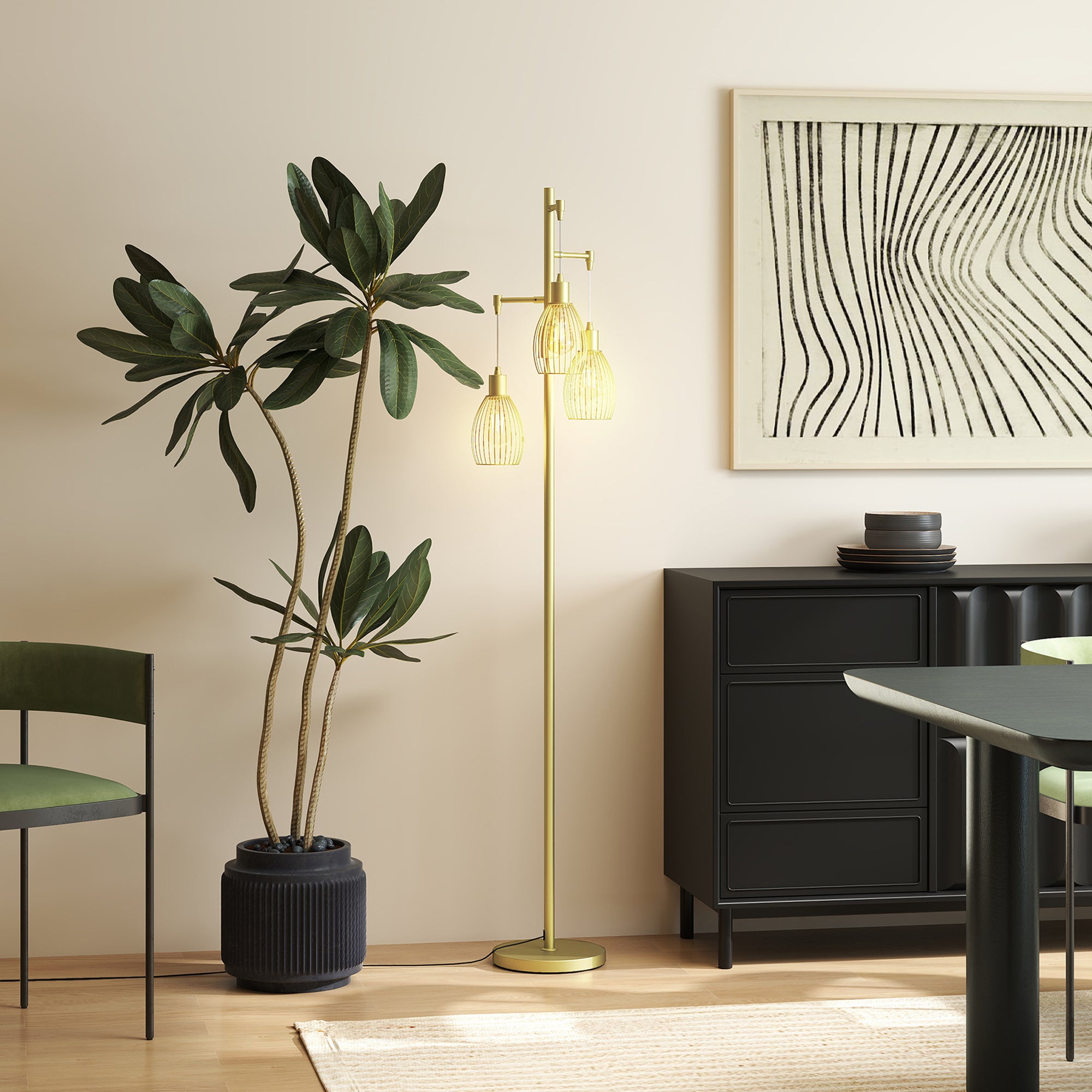 Industrial Floor Lamp with 3 Hanging Wire Lampshades, Dimmable Standing Lamp for Living Room, Bedroom, Dining Room, Study, Gold