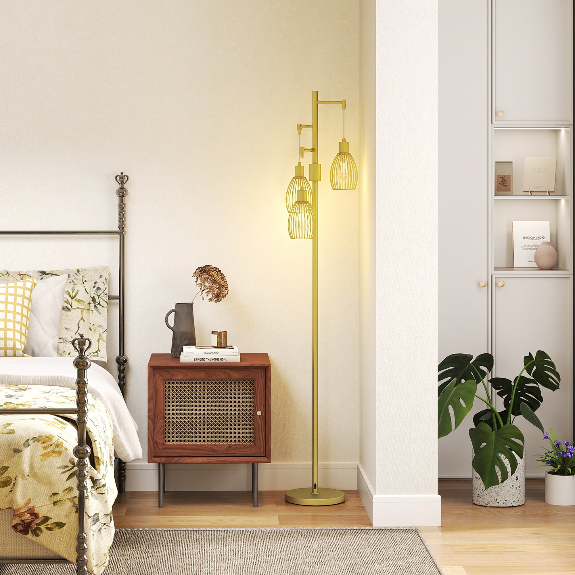 Industrial Floor Lamp with 3 Hanging Wire Lampshades, Dimmable Standing Lamp for Living Room, Bedroom, Dining Room, Study, Gold