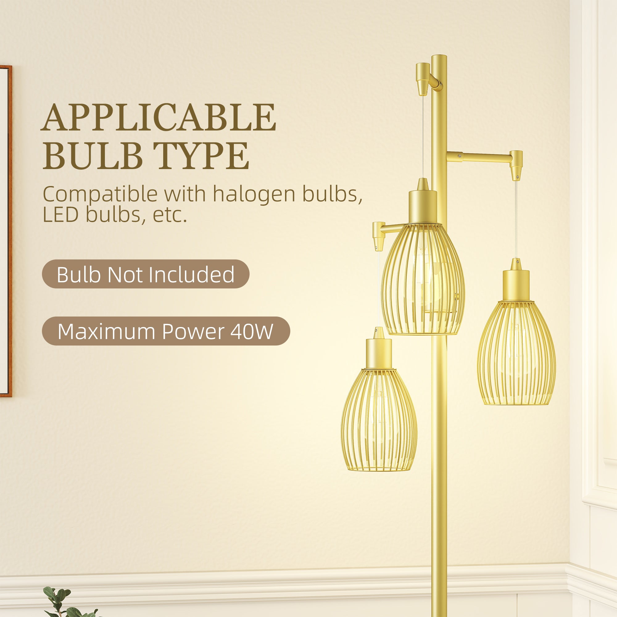 Industrial Floor Lamp with 3 Hanging Wire Lampshades, Dimmable Standing Lamp for Living Room, Bedroom, Dining Room, Study, Gold