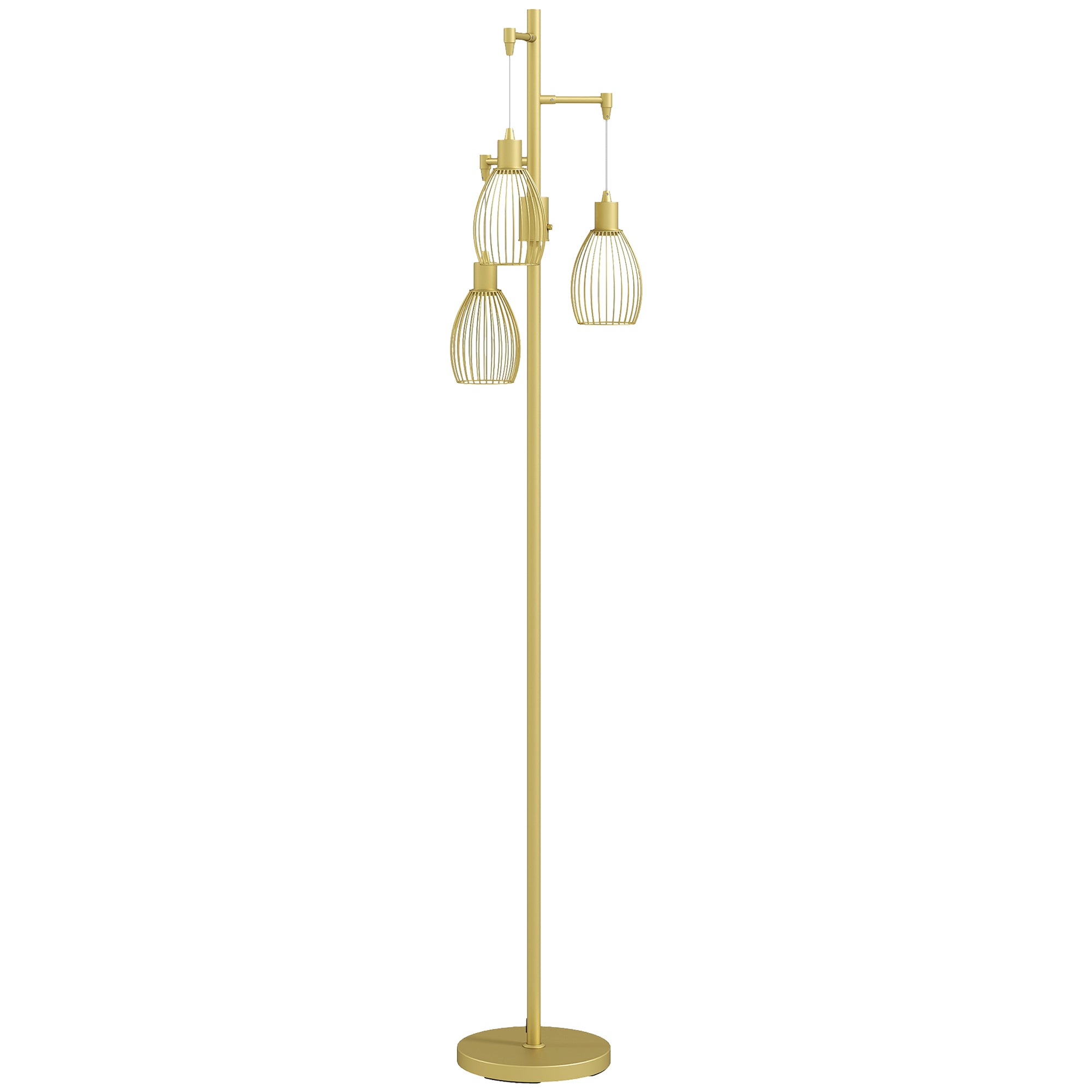Industrial Floor Lamp with 3 Hanging Wire Lampshades, Dimmable Standing Lamp for Living Room, Bedroom, Dining Room, Study, Gold