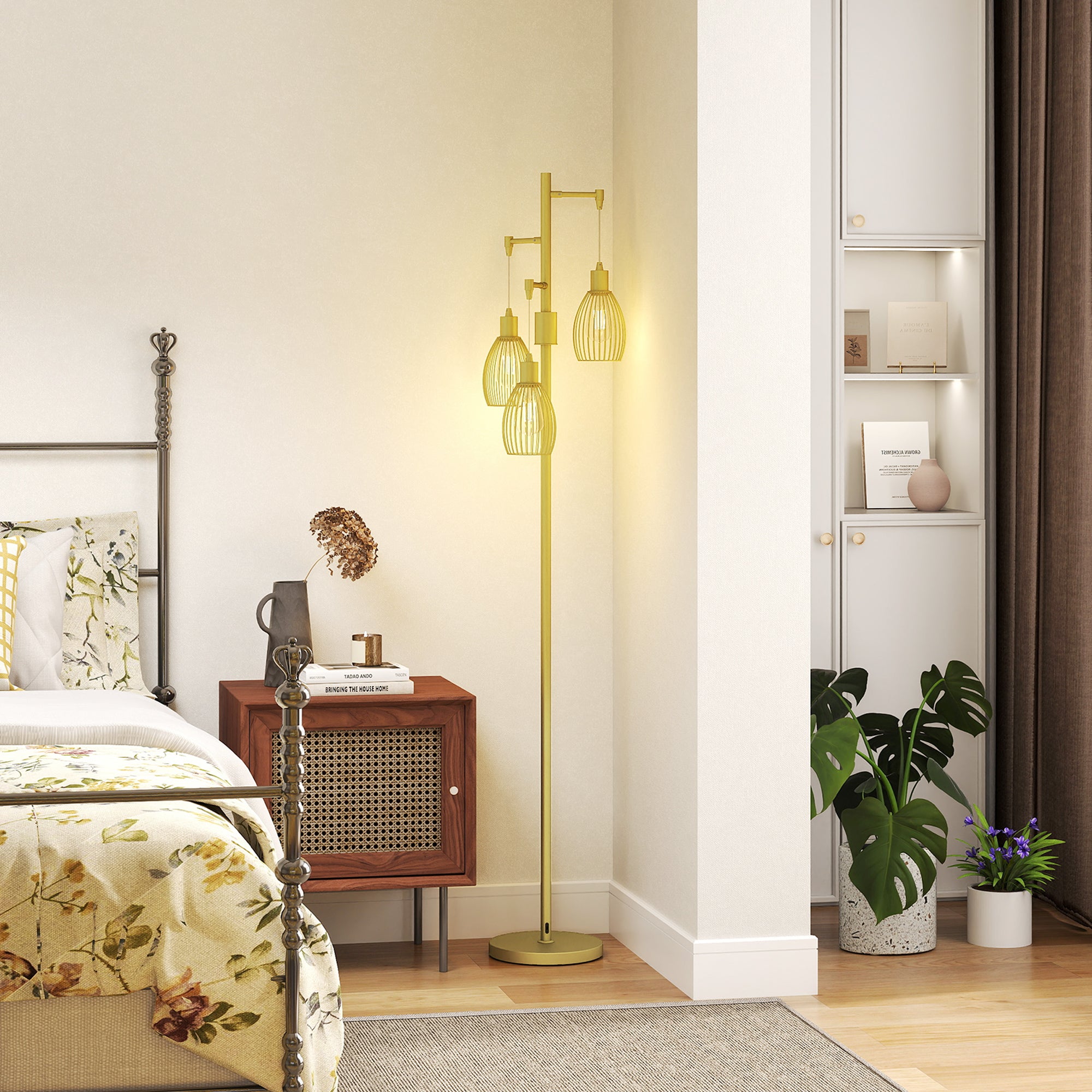 Industrial Floor Lamp with 3 Hanging Wire Lampshades, Dimmable Standing Lamp for Living Room, Bedroom, Dining Room, Study, Gold