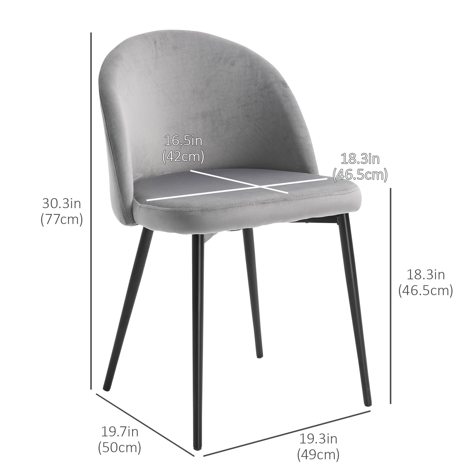 HOMCOM Modern Dining Chairs Set of 2, Mid-Back Velvet Upholstered Kitchen Chairs, Side Chair for Living Room, Dining Room, Grey