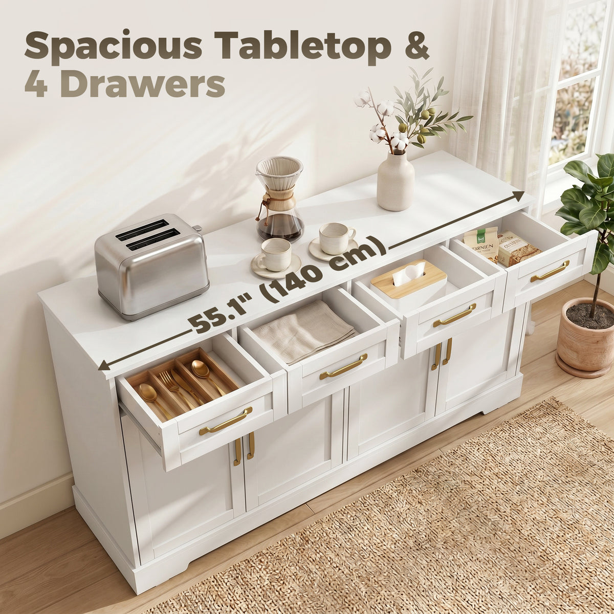 Sideboard Buffet Cabinet, 55" Modern Farmhouse Kitchen Storage Cabinet with 4 Drawers, 4 Doors and 2 Adjustable Shelves, Coffee Bar Station, White