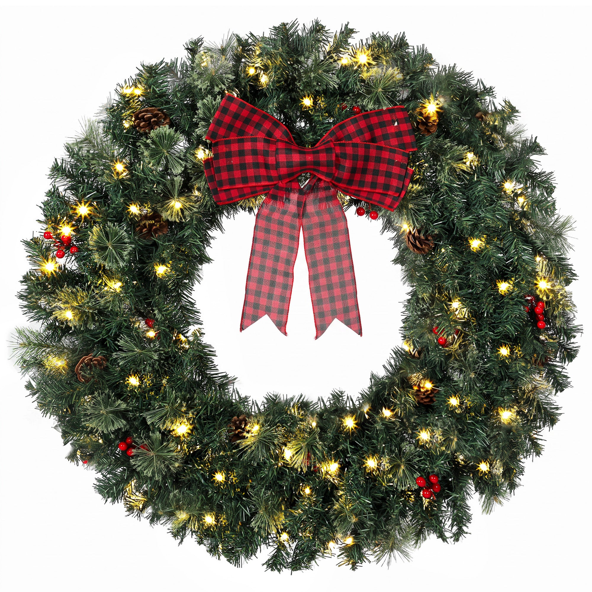 36 in Pre-Lit Crestwood Spruce Artificial Christmas Wreath, Christmas Decoration with Bow, 100 LED Lights, 330 Tips, 8 Modes, Red Berries, Pinecones for Door, Indoor Covered Outdoor, Green