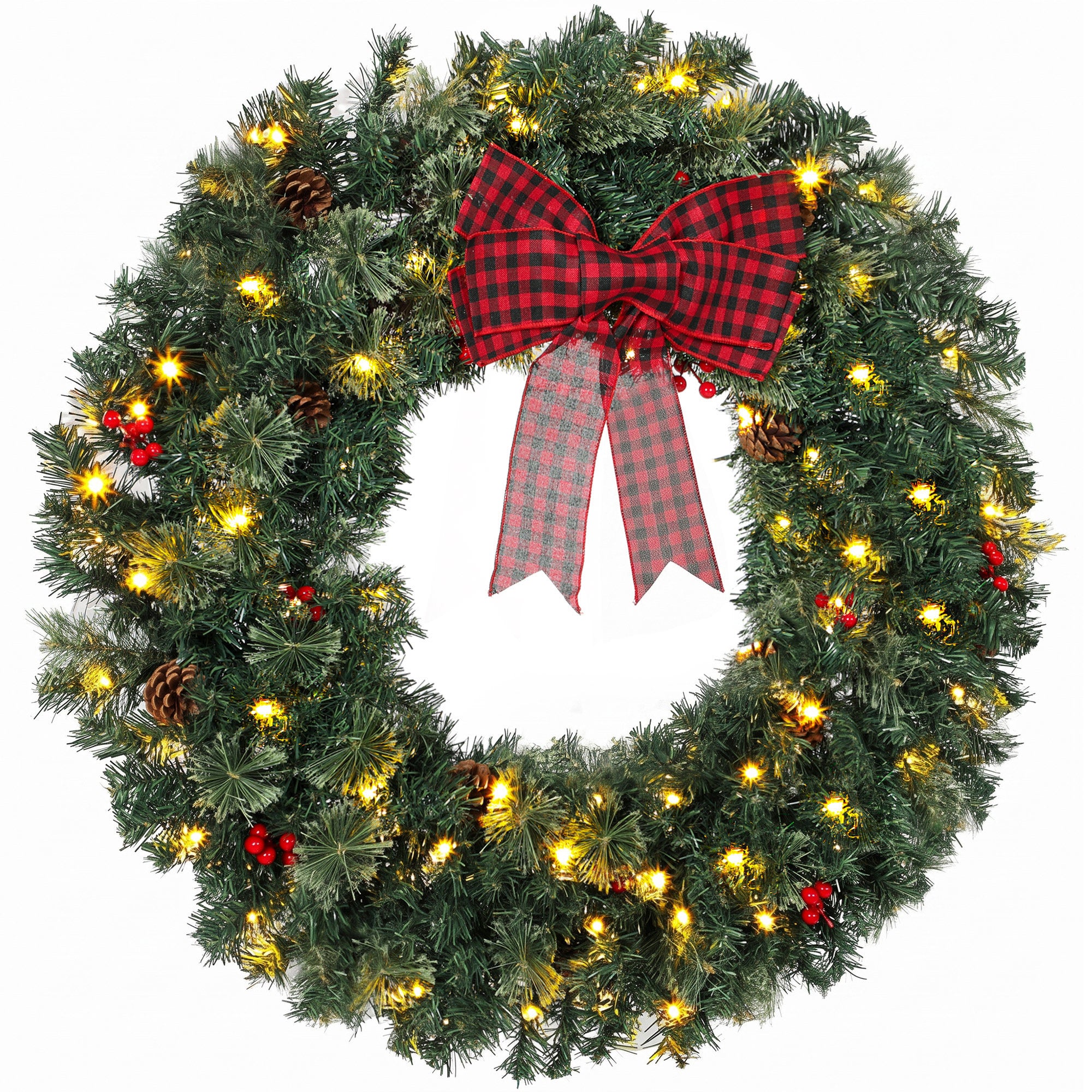 36 in Pre-Lit Crestwood Spruce Artificial Christmas Wreath, Christmas Decoration with Bow, 100 LED Lights, 330 Tips, 8 Modes, Red Berries, Pinecones for Door, Indoor Covered Outdoor, Green
