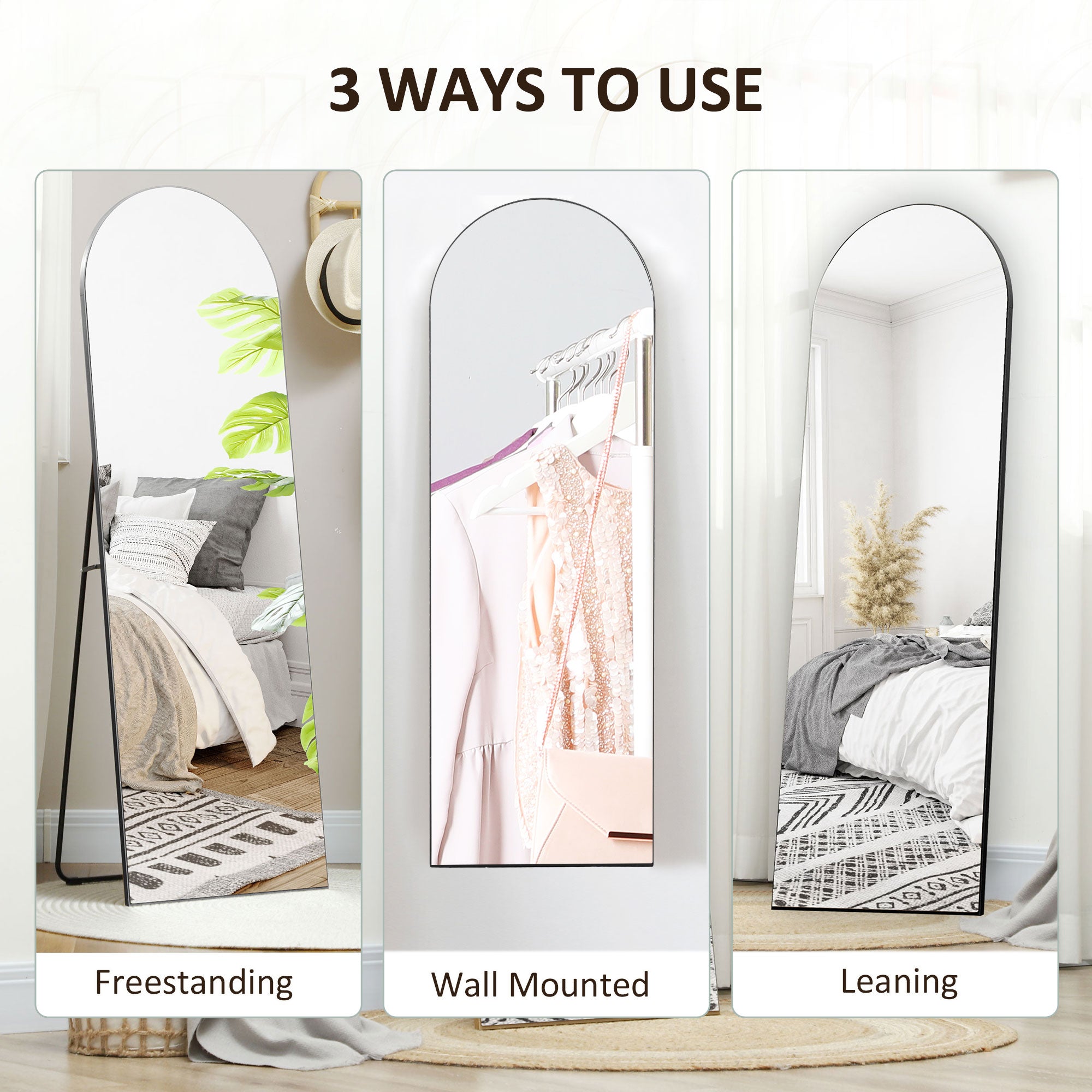 HOMCOM Arched Full Length Mirror, 50 x 150cm Wall Mounted, Leaning, Free Standing Mirror, Frameless Full Body Mirror for Living Room, Bedroom, Black