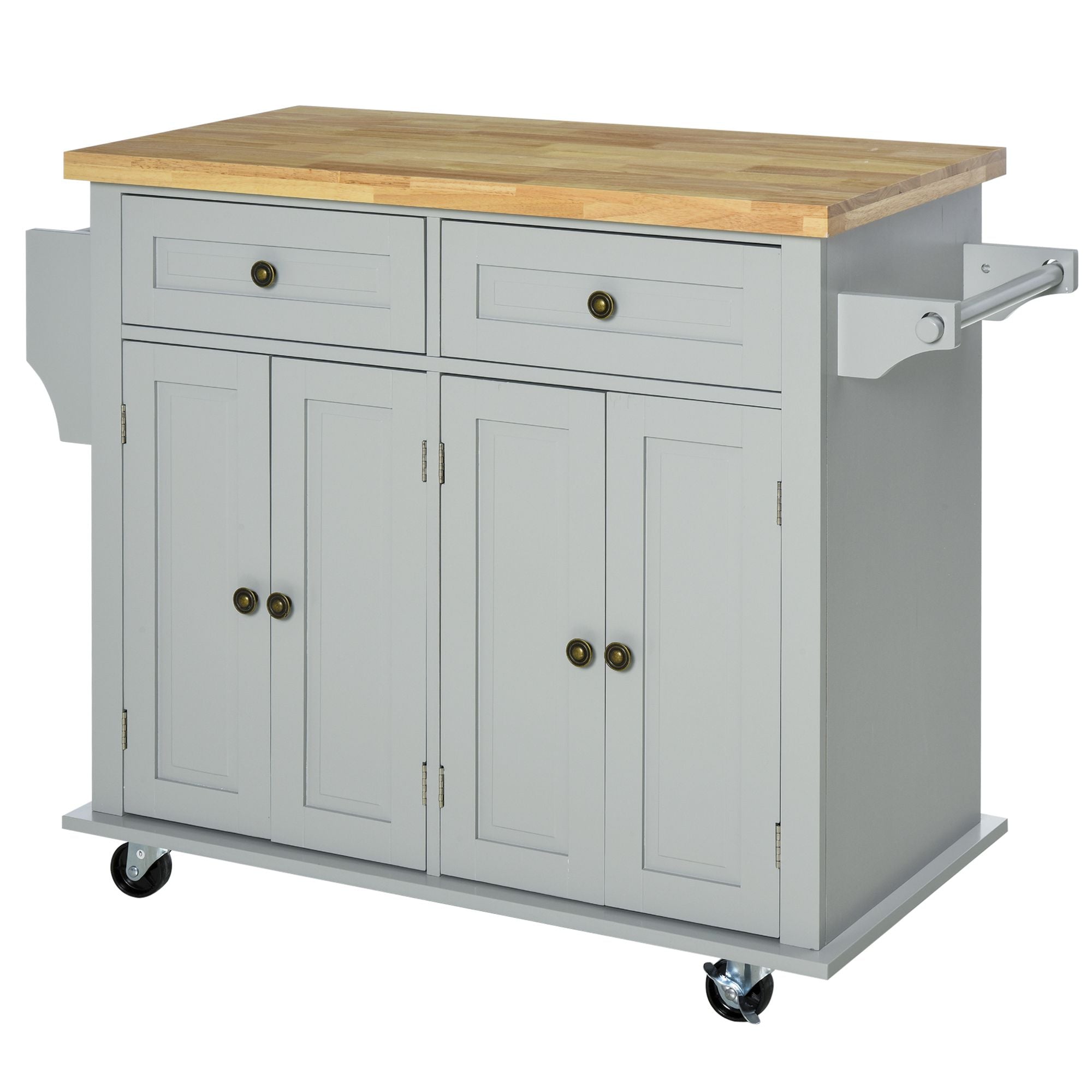 Kitchen Island on Wheels, Rolling Cart w/ Rubberwood Top, Spice Rack & Drawers, Grey