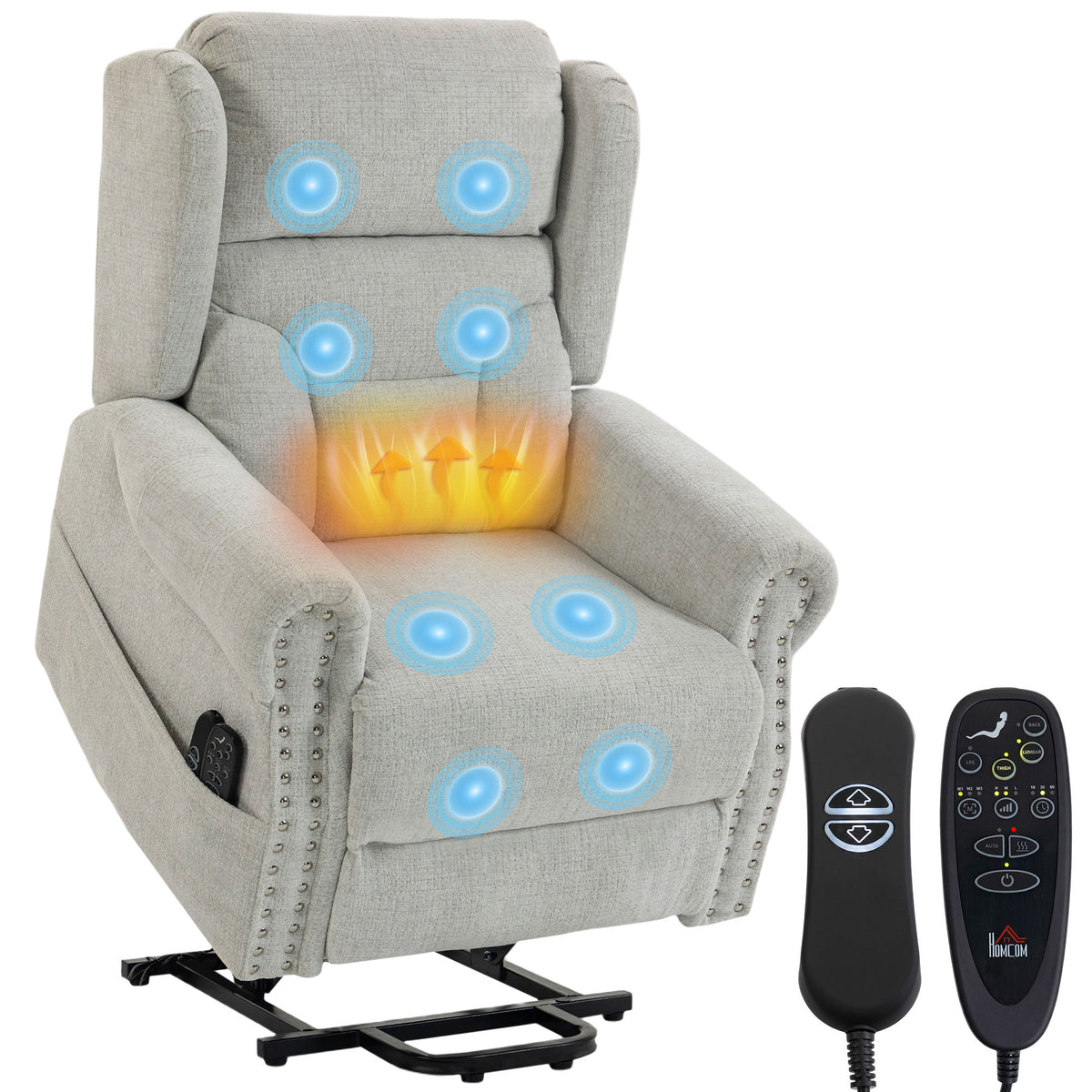 Riser Recliner Chair with Vibration Massage and Heat, Chenille Electric Power Lift Recliner Chair for Elderly with Spring Cushion, USB Port, Plush High Back, Remote, Side Pockets, Light Grey