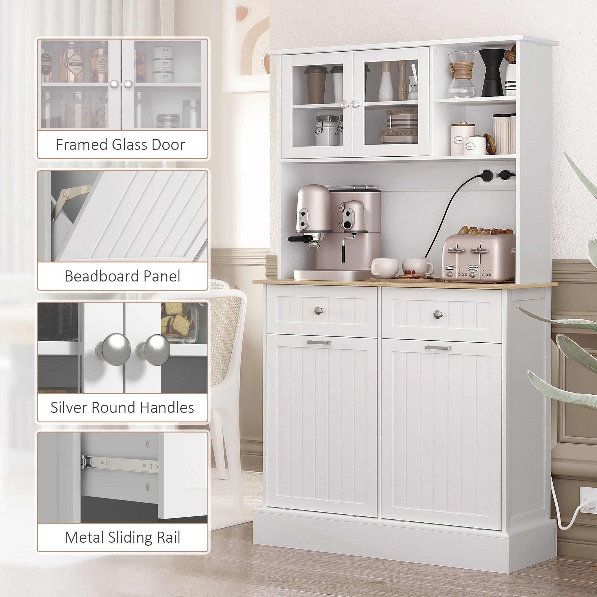 68" Kitchen Cabinet w/ Charging Station, 2 Tilt Out Cabinets & Microwave Stand, White