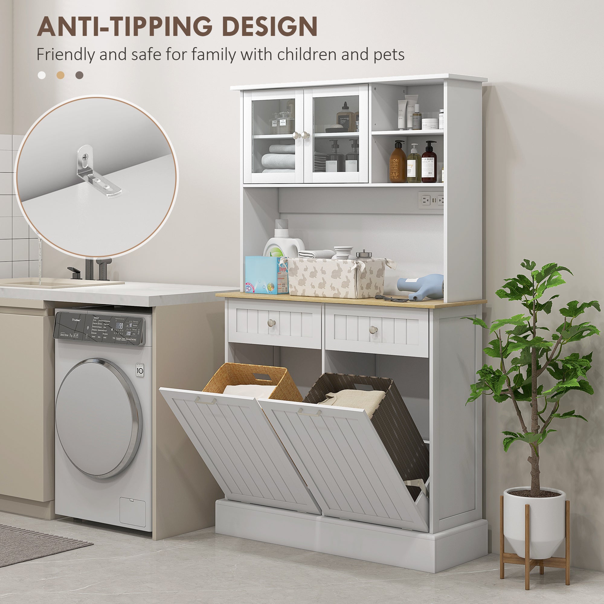 68" Kitchen Cabinet w/ Charging Station, 2 Tilt Out Cabinets & Microwave Stand, White