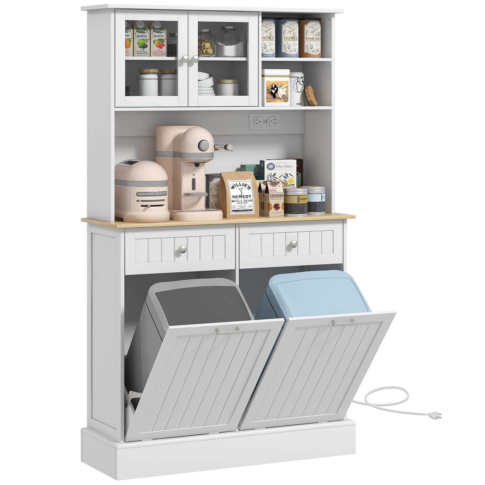 68" Kitchen Cabinet w/ Charging Station, 2 Tilt Out Cabinets & Microwave Stand, White
