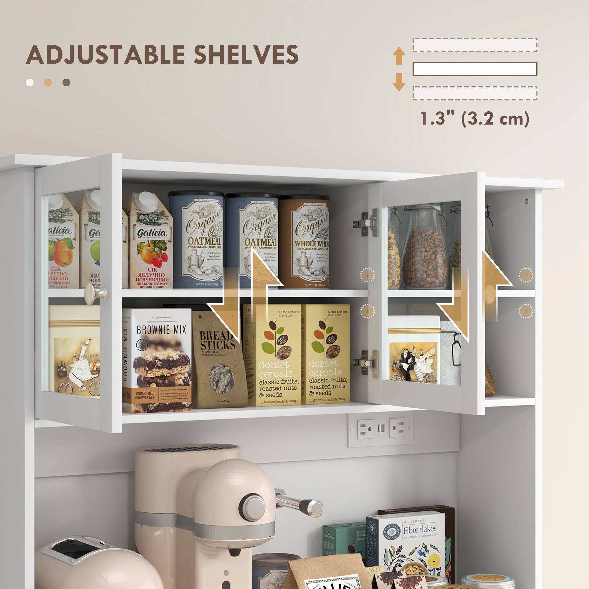 68" Kitchen Cabinet w/ Charging Station, 2 Tilt Out Cabinets & Microwave Stand, White