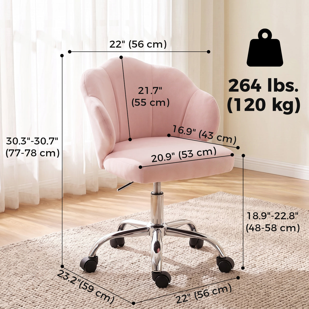 Petal Office Chair with Swivel Wheels, Task Desk Chair with Wide Seat, Velvet, Adjustable Height, Rocking, for Home Office or Makeup Vanity, Pink