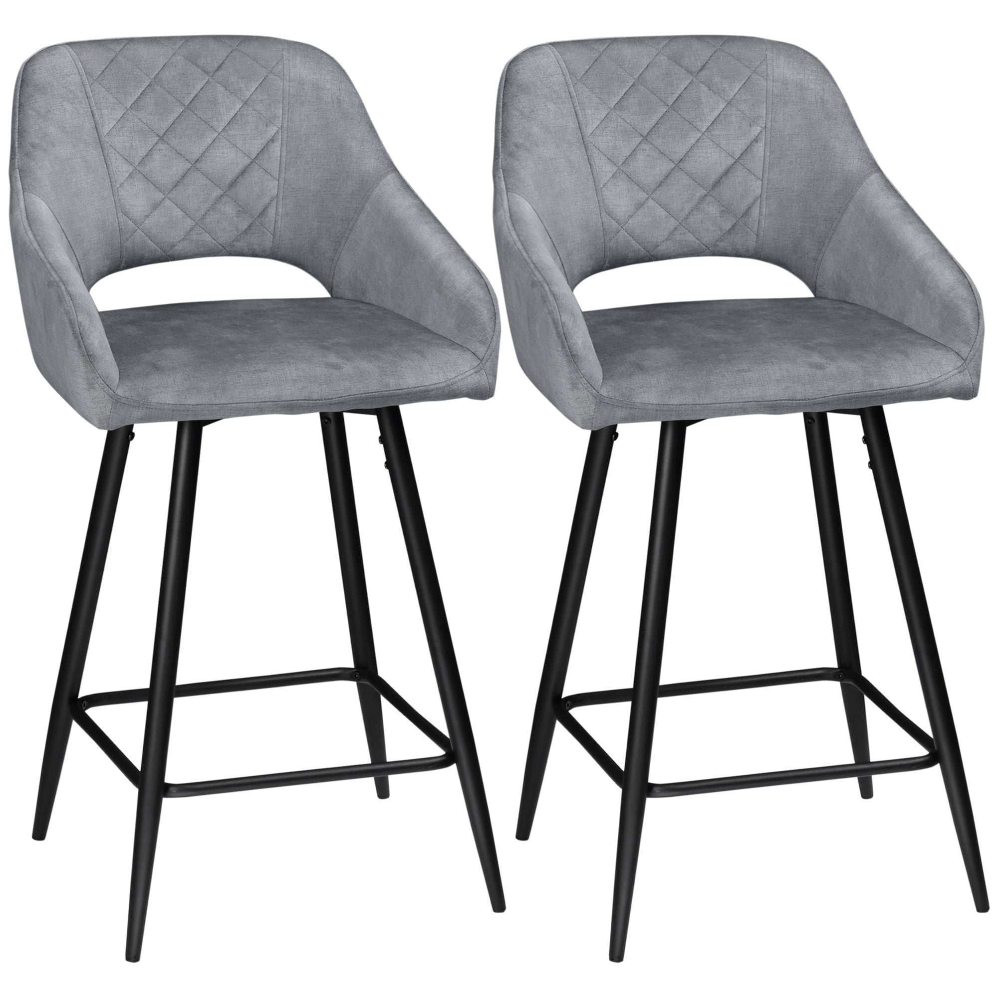 HOMCOM Bar Stools Set of 2, Velvet-Touch Fabric Counter Height Bar Chairs, Kitchen Stools with Steel Legs for Dining Area, Kitchen Island Barstools, Grey
