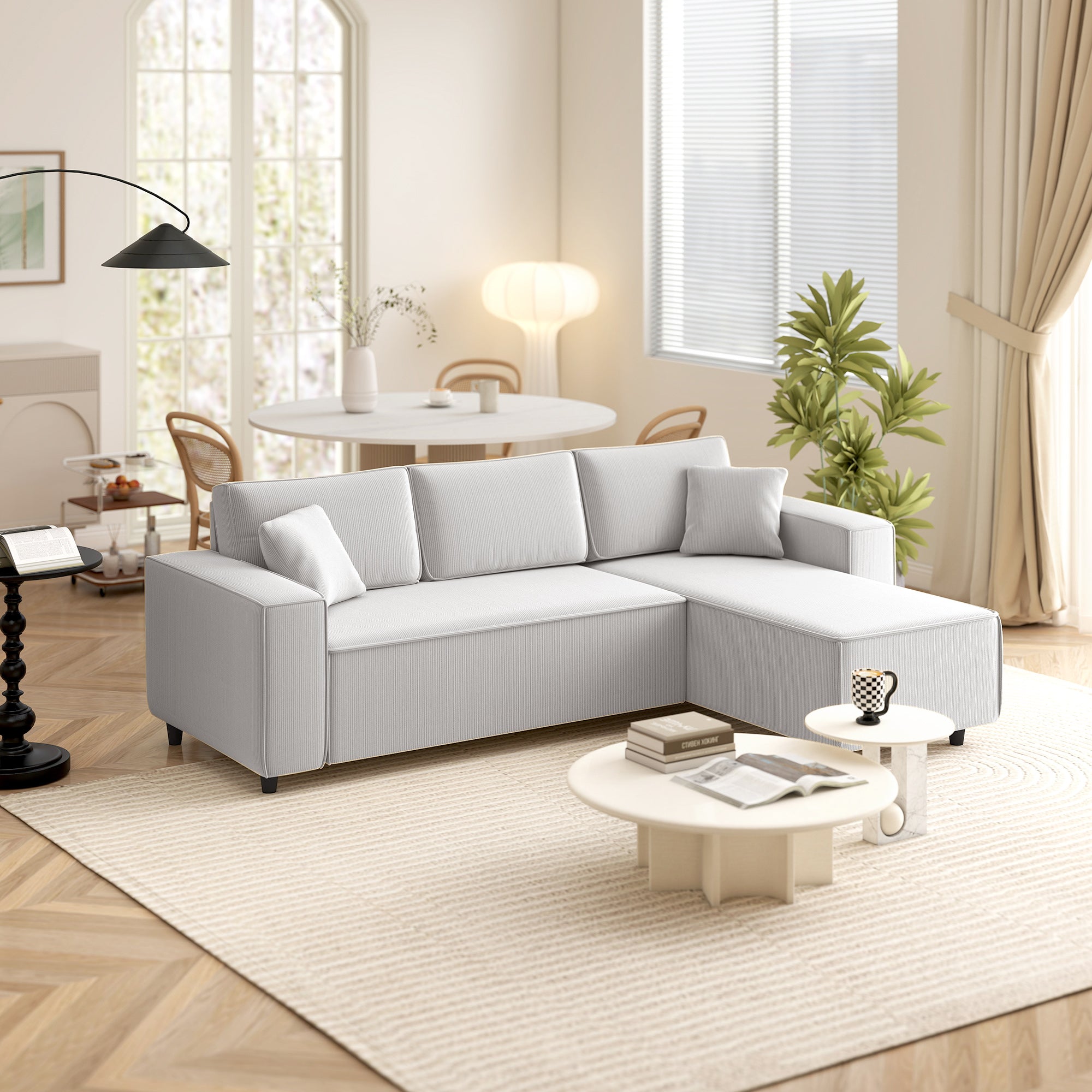 95" Sectional Sofa with Reversible Chaise Lounge, L-Shaped Corner Sofa with Corduroy Fabric, Pocket Spring, 2 Pillows, Wide Arm, Thick Padded, 3 Seat Couch for Living Room, Light Gray