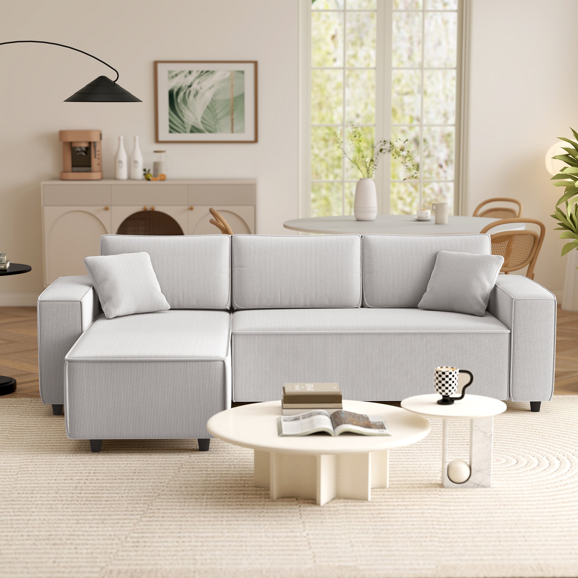 95" Sectional Sofa with Reversible Chaise Lounge, L-Shaped Corner Sofa with Corduroy Fabric, Pocket Spring, 2 Pillows, Wide Arm, Thick Padded, 3 Seat Couch for Living Room, Light Gray